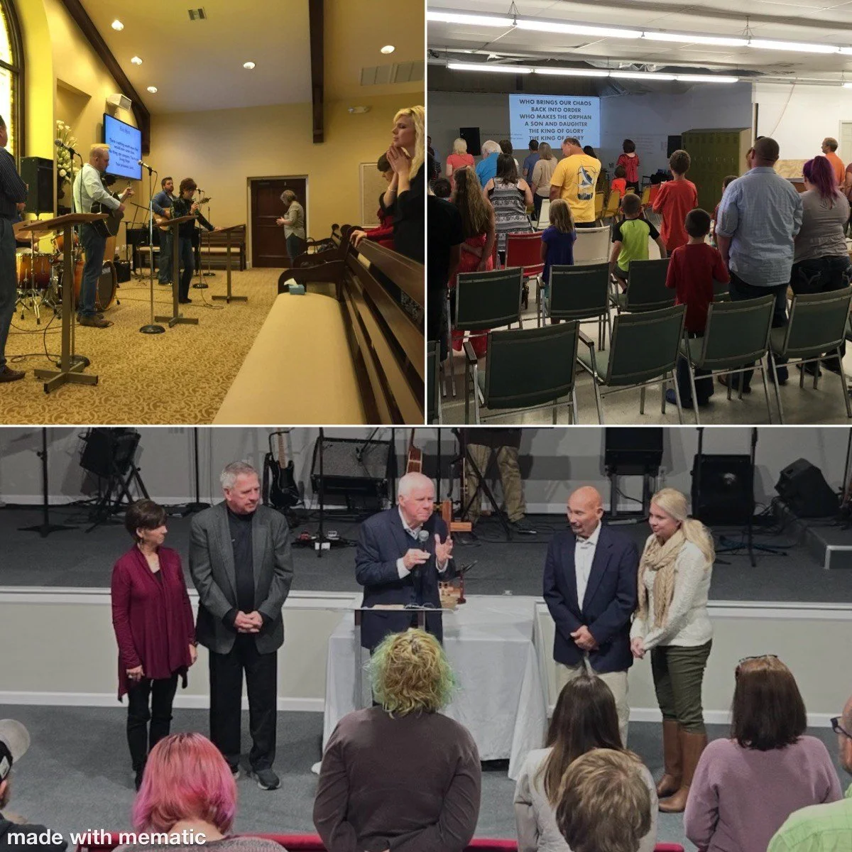 Three separate scenes of a church event. The top left shows a band performing in a small, warmly lit room with musical instruments and singers. The top right depicts a congregation of people standing and singing in a larger, church-style space with a screen displaying song lyrics. The bottom scene features a group of speakers or pastors on stage addressing an audience, with musical instruments and microphones in the background.
