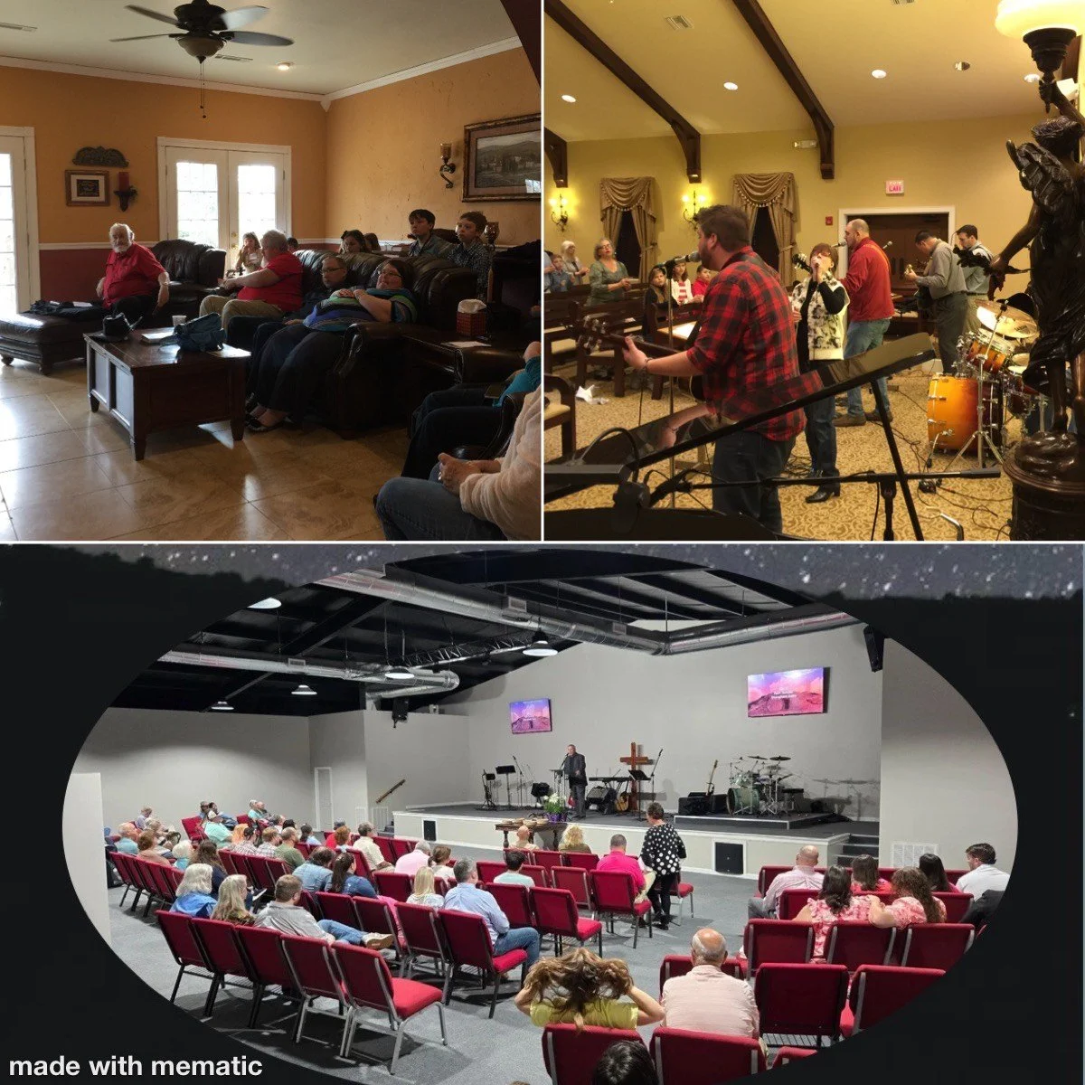 Three photos of indoor church or community event gatherings. The top left photo shows a group of people sitting on sofas in a living room, listening to a speaker or presentation. The top right photo shows a man playing guitar and a band performing on stage in a room with golden curtains on the windows and people watching. The bottom photo shows an audience in red chairs watching a speaker on stage in a modern church or auditorium, with two screens displaying images of a landscape and musical instruments on stage.