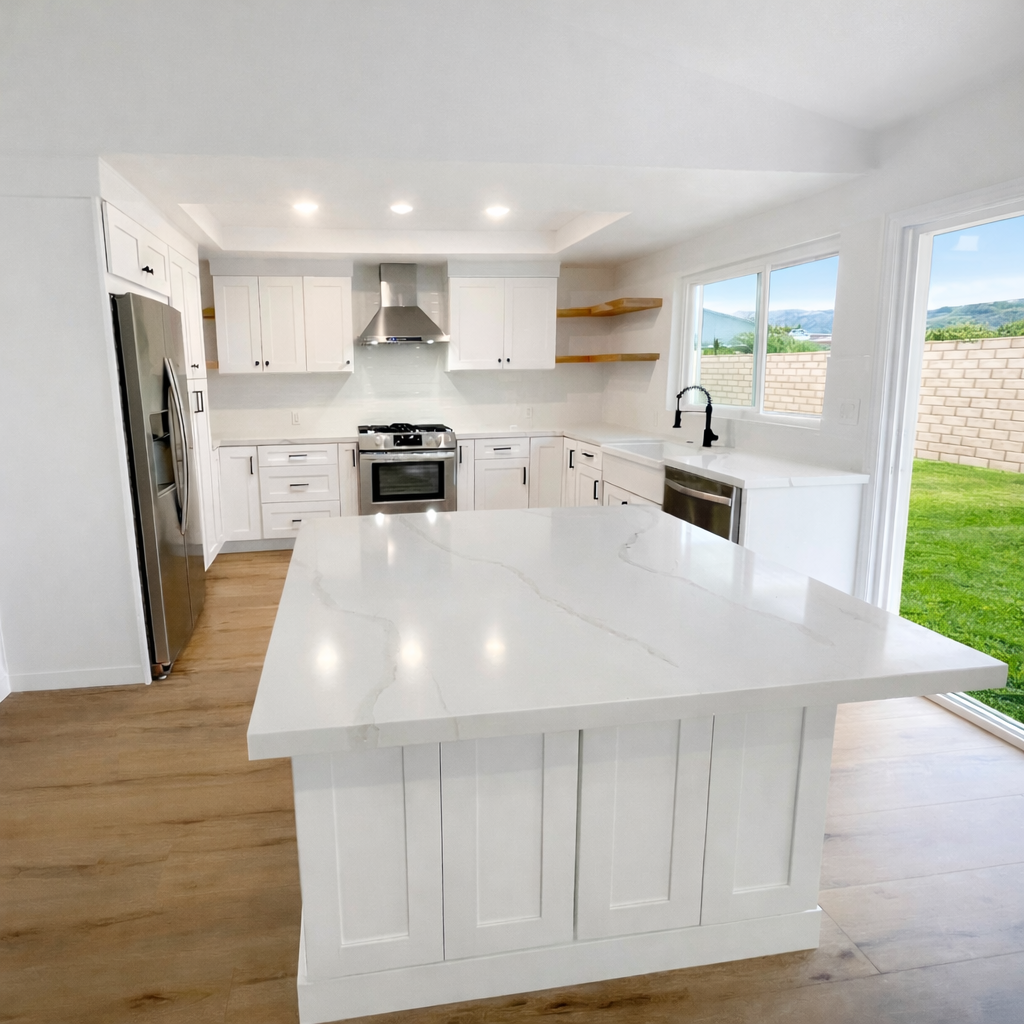 Fully renovated kitchen, large white marble island, white shaker style cabinets, white marble countertops.