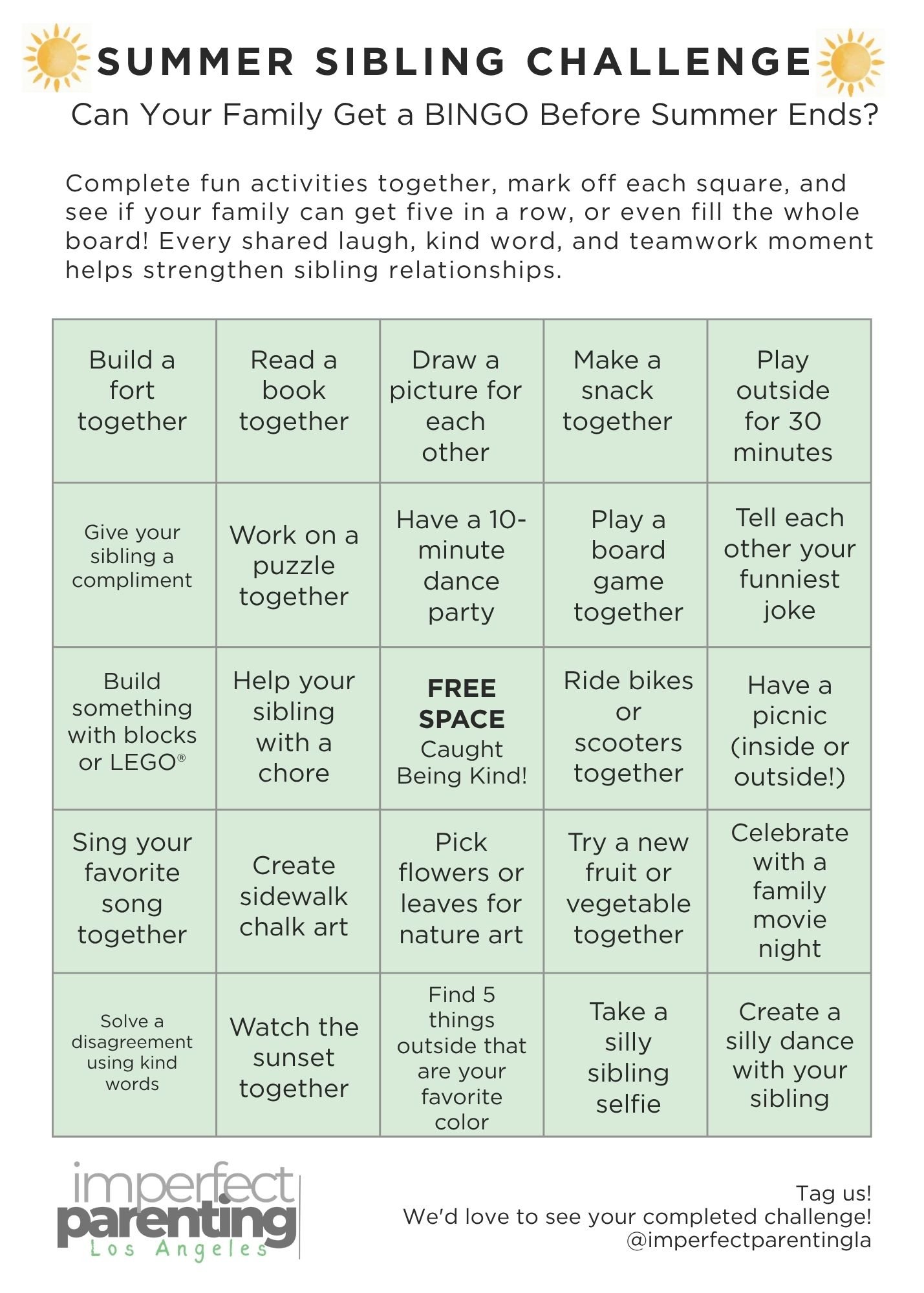 Summer Sibling Challenge Bingo