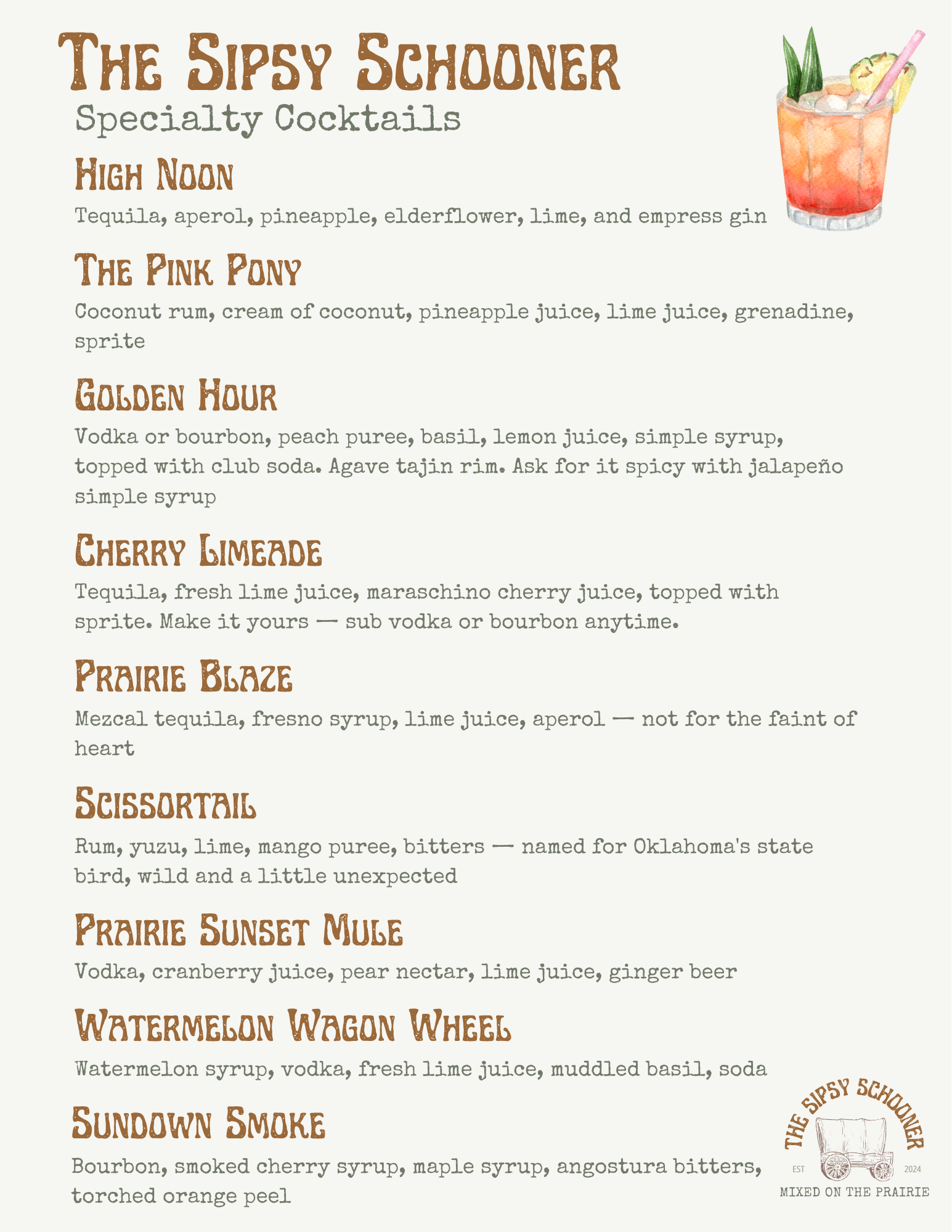 Custom specialty cocktail menu for weddings and private events by Sipsy Schooner mobile bartending Oklahoma City