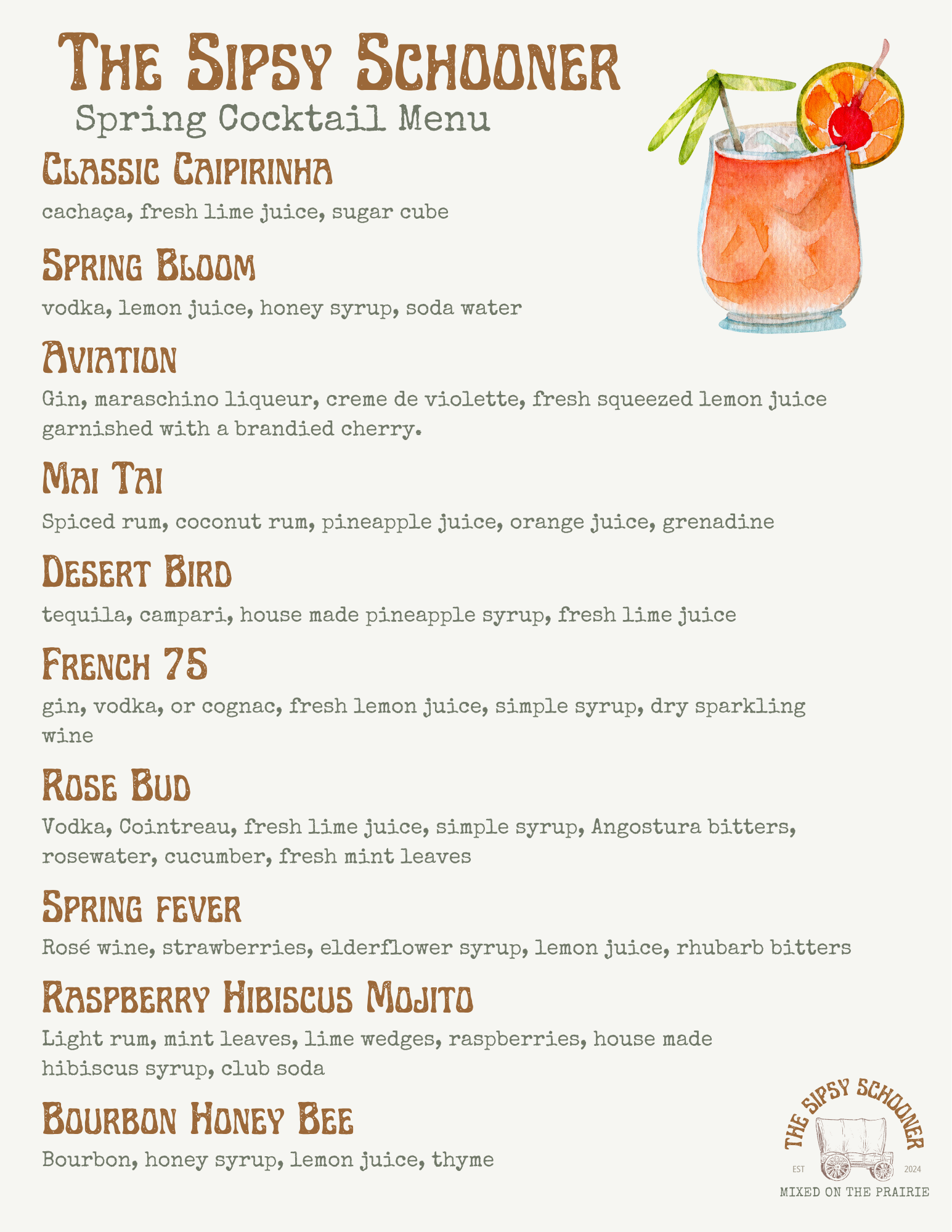 Spring cocktail menu with fresh seasonal drinks by Sipsy Schooner mobile bar Oklahoma City