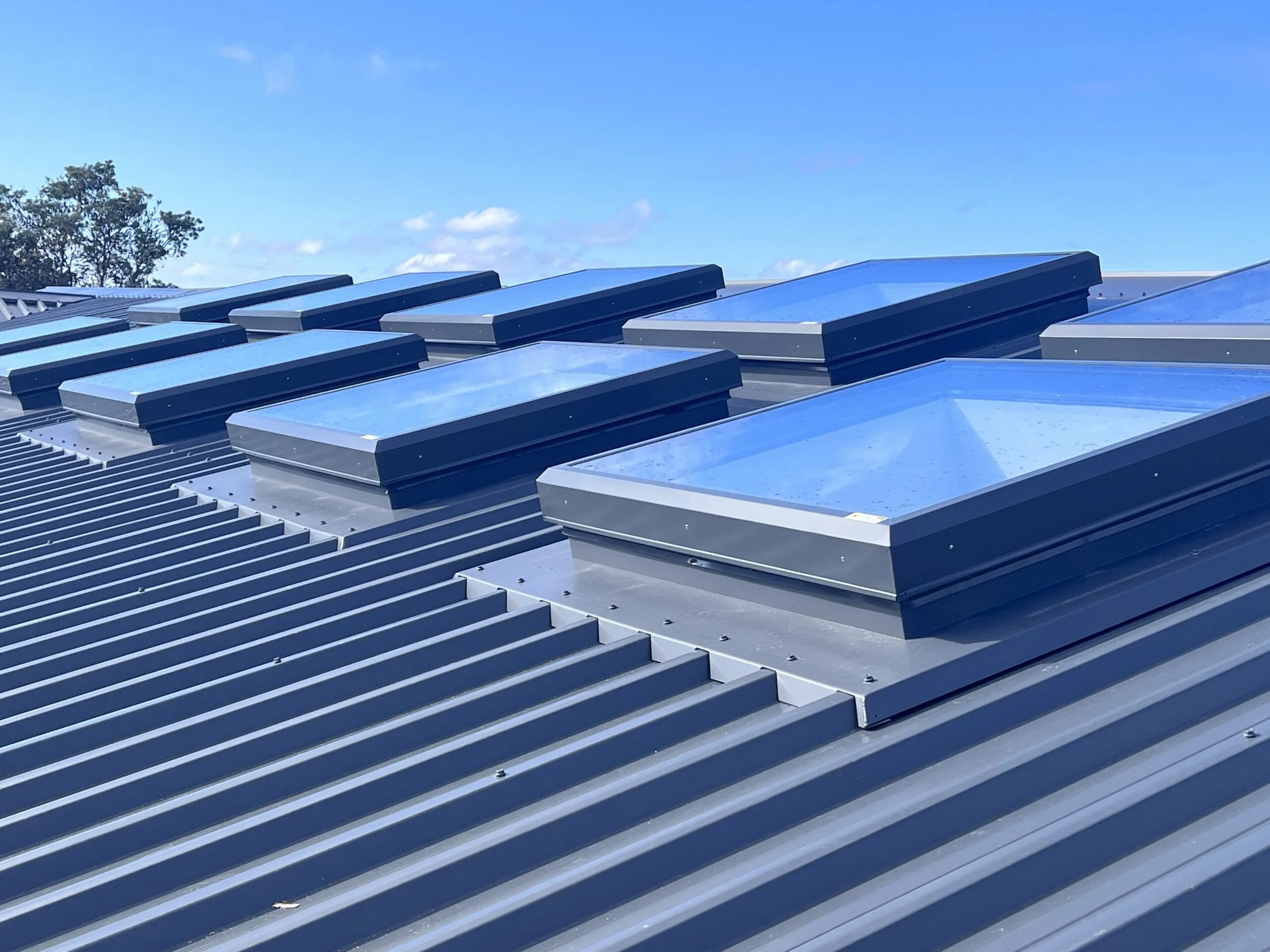 Metal roof with multiple skylights against blue sky.