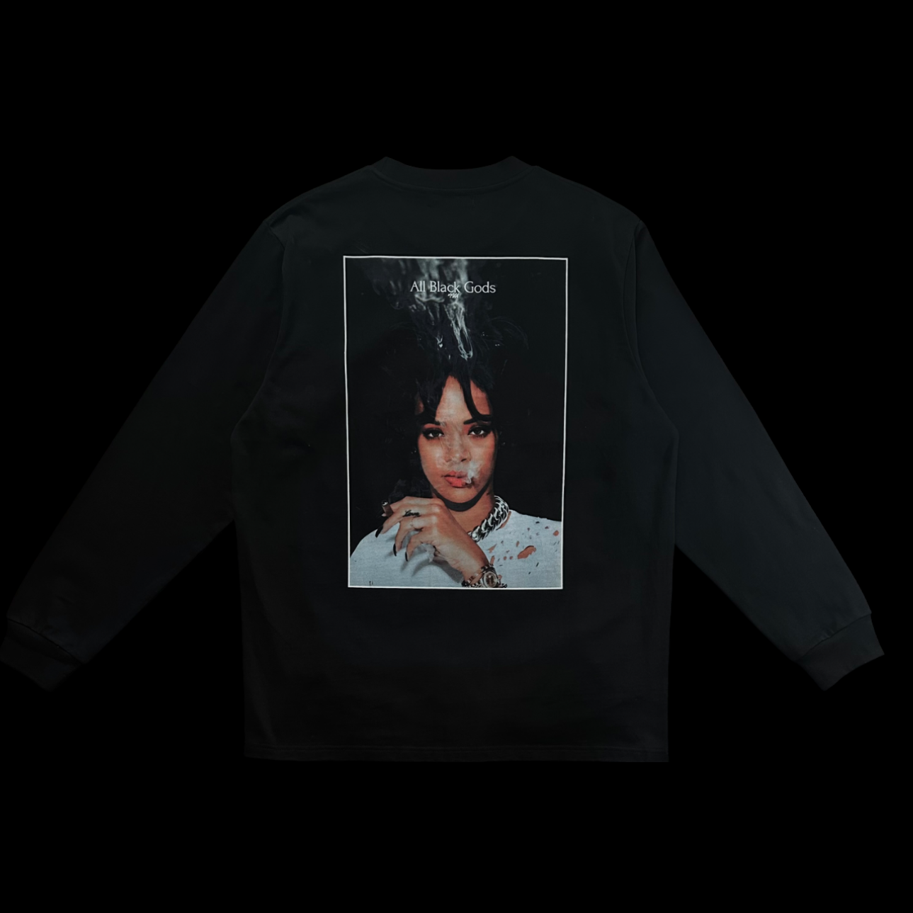 Black sweatshirt with a graphic print of a woman smoking, with the text 'All Black Gods' above her head.