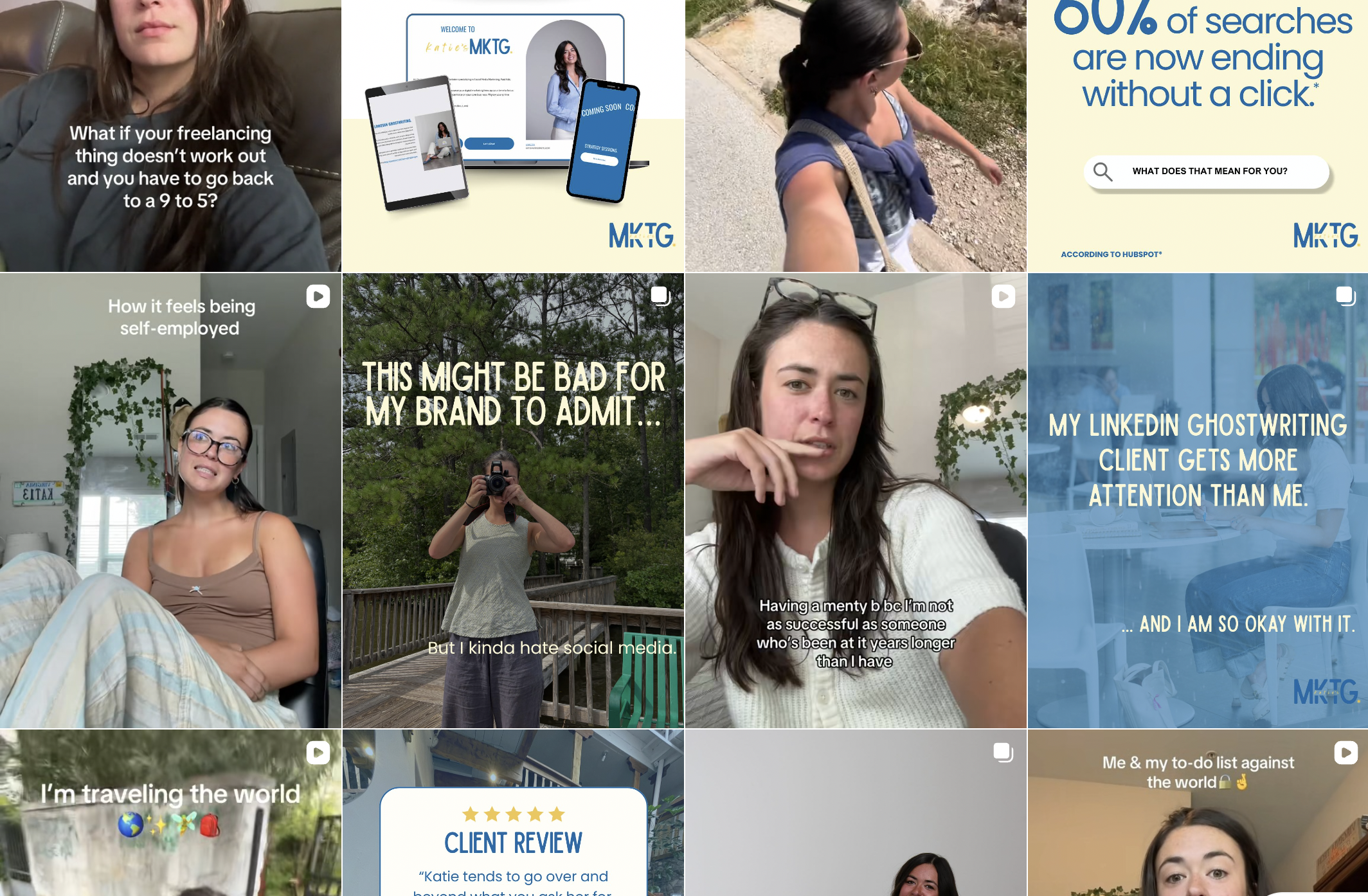 Katie's Mktg Instagram profile showcasing digital marketing content for businesses