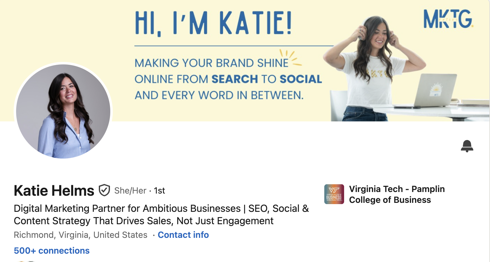 Katie Helms LinkedIn profile — marketing consultant and founder of Katie's Mktg Richmond VA