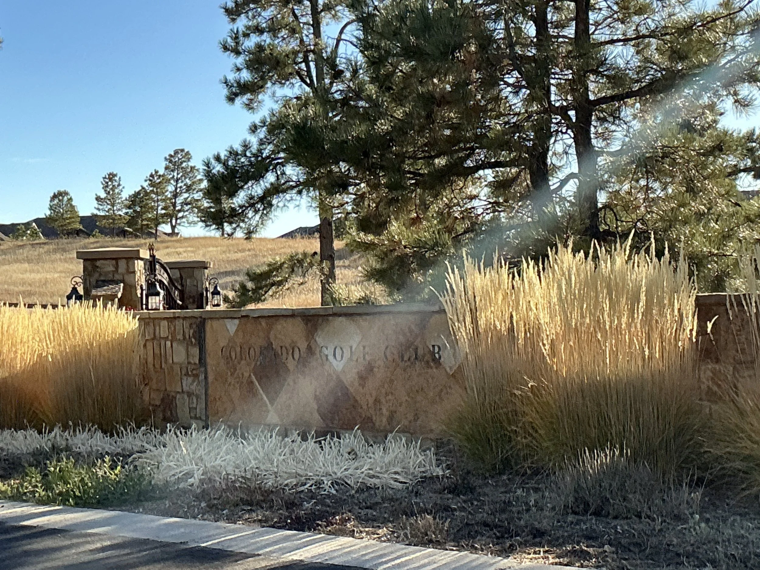 Sign reading 'Colorado Golf Club' surrounded by tall grasses, with trees and a clear blue sky in the background.