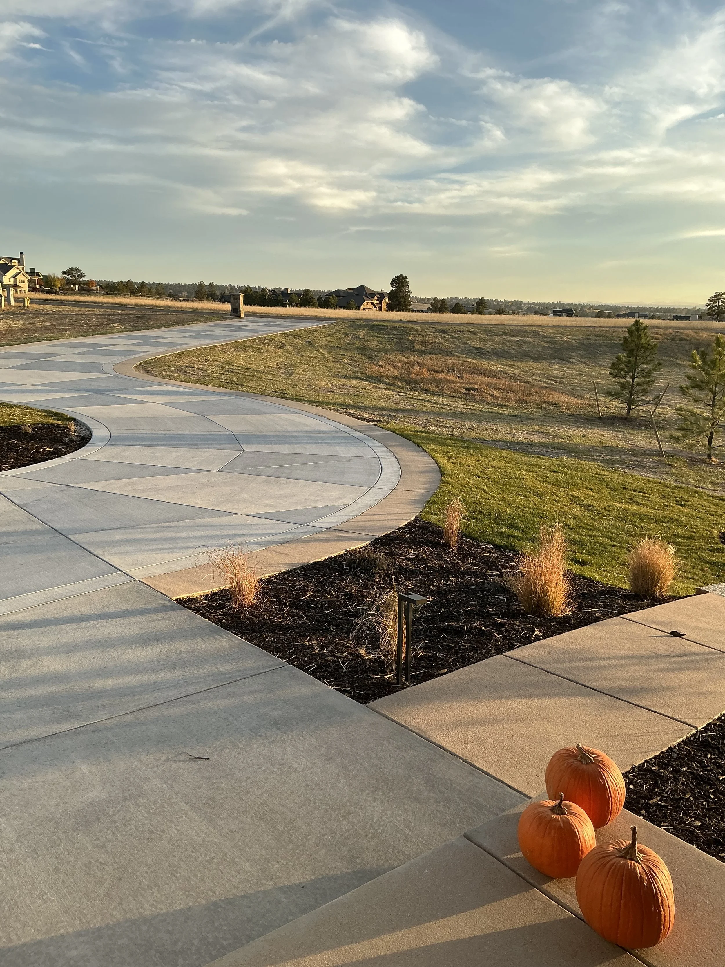 Three pumpkins placed on a concrete sidewalk near a landscaped yard with small plants, a grassy field, trees, and houses in the distance under a partly cloudy sky.