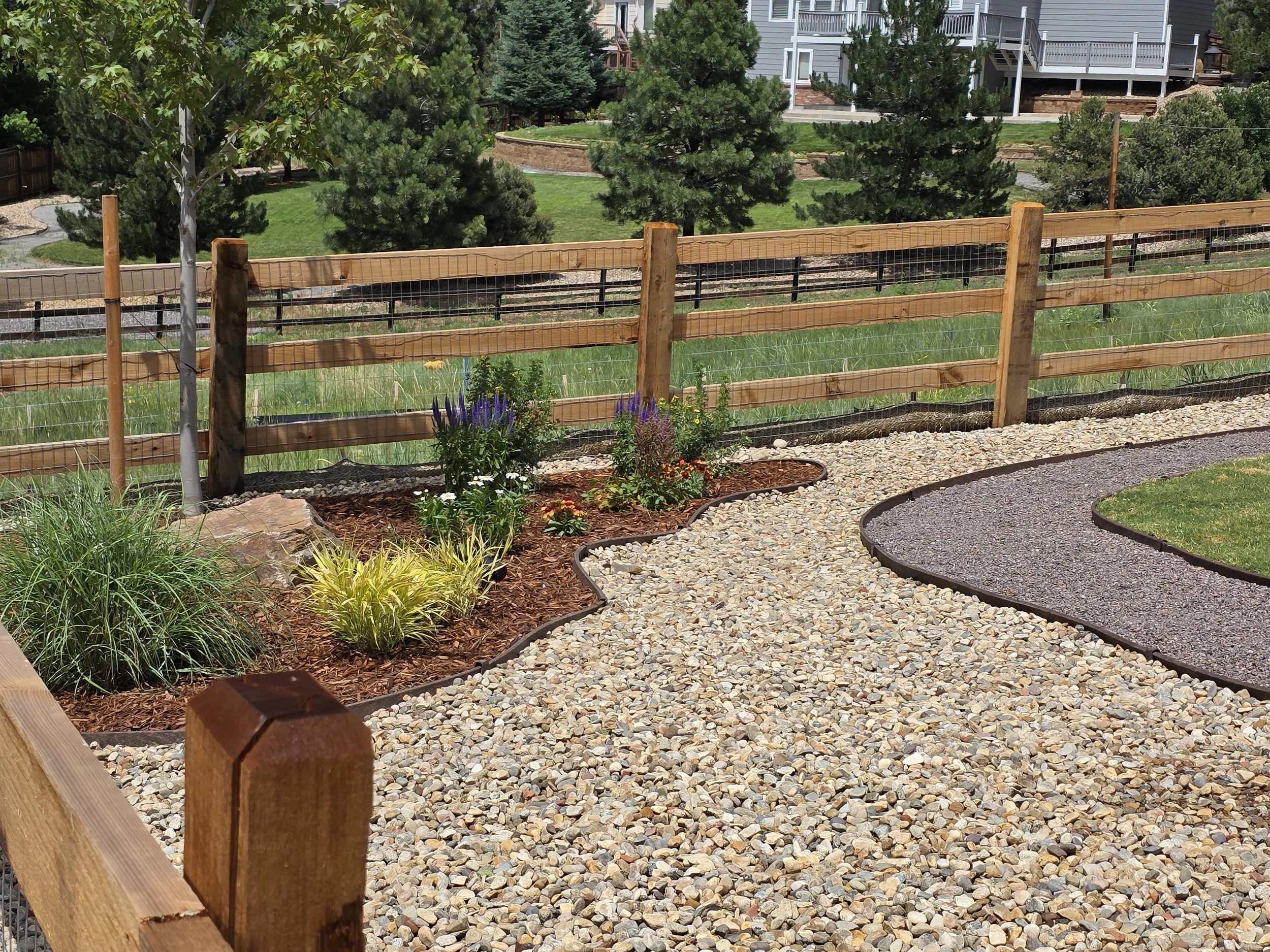 View of a backyard garden with a gravel and mulch pathway, wooden fence, shrubs, trees, and houses in the background.
