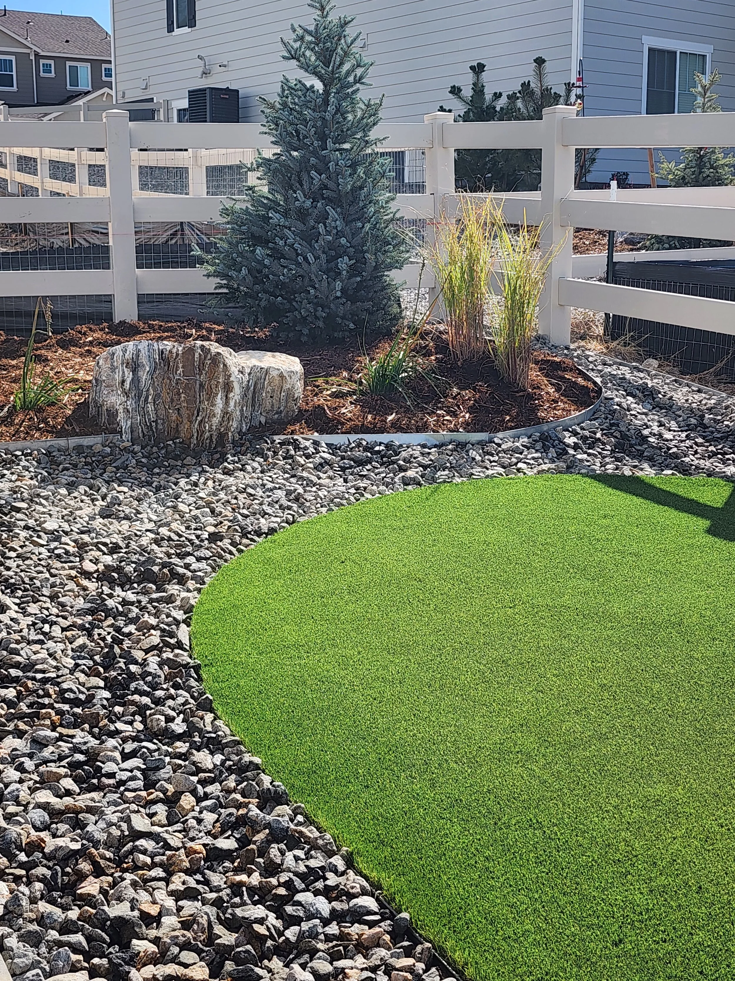 A backyard garden with a small coniferous tree, ornamental grasses, a large rock, and a circular patch of artificial grass bordered by small rocks, with a white fence and neighboring houses in the background.