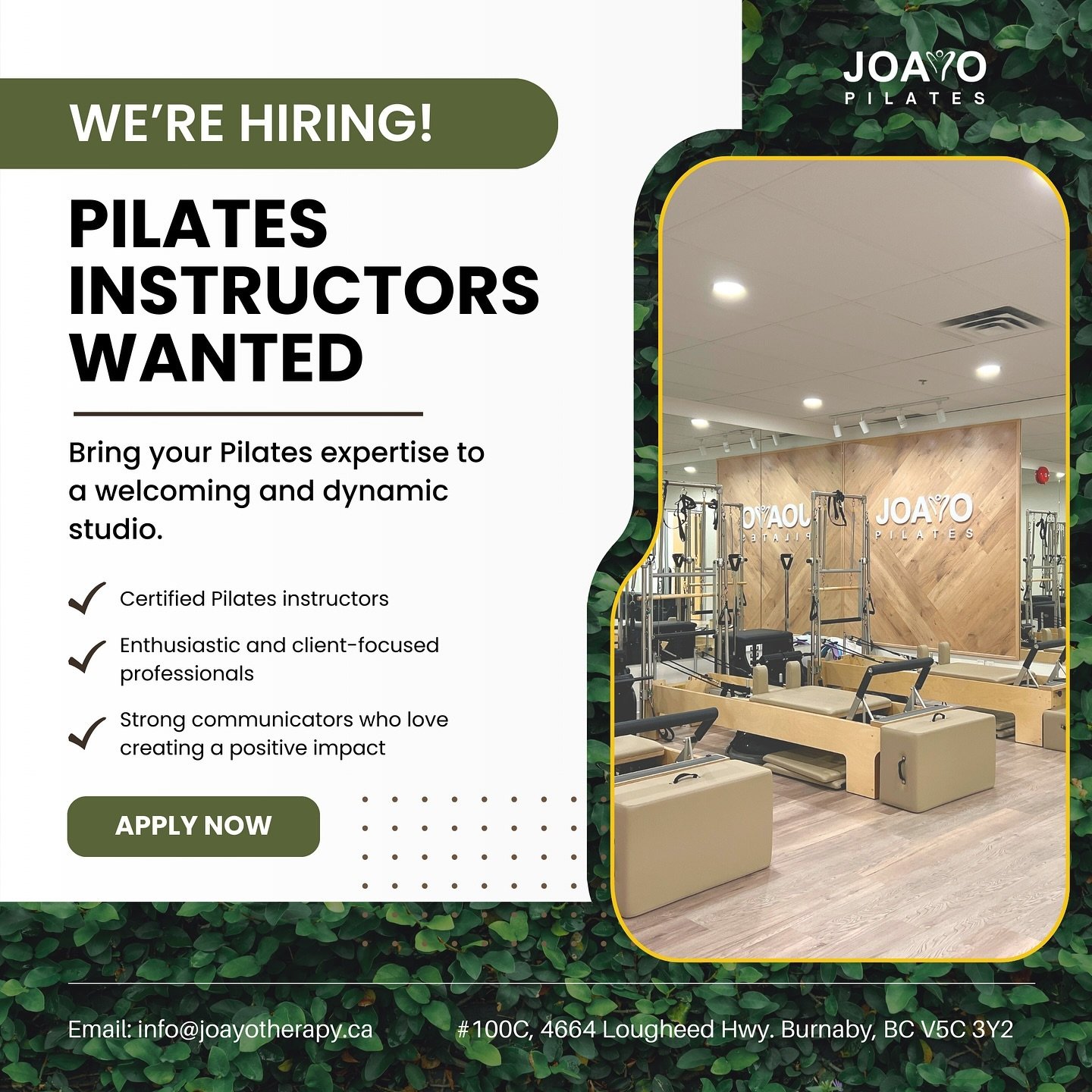 🌟 We&rsquo;re Hiring: Pilates Instructors Wanted! 🌟

Are you a certified Pilates instructor with a passion for helping others achieve their health and fitness goals? At Joayo Therapy, we&rsquo;re on the lookout for talented individuals to join our 