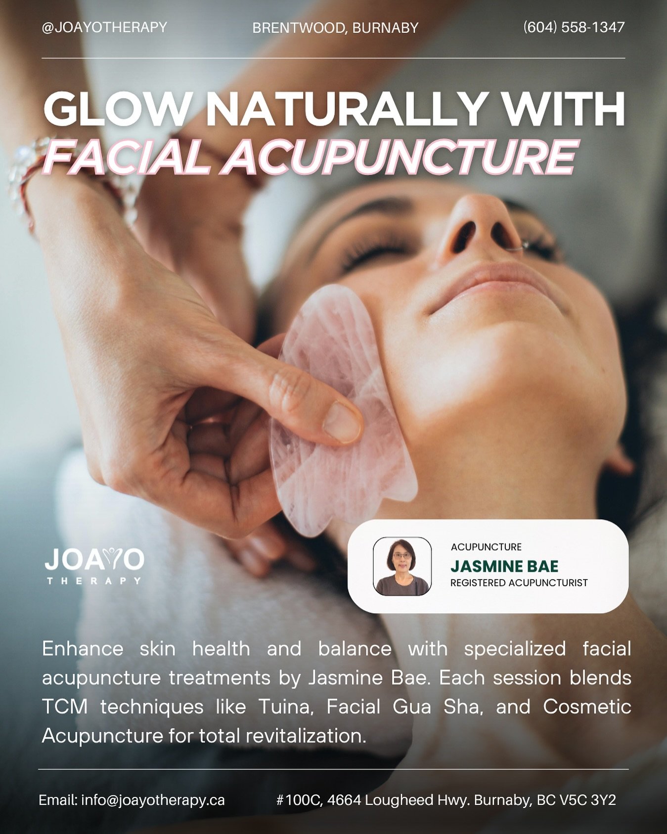 ✨ Rejuvenate your skin and rebalance your energy ✨

Discover the natural beauty of Facial Acupuncture with Jasmine (Mikyung) Bae, R.Ac., at Joayo Therapy in Brentwood, Burnaby. With nearly 20 years of experience, Jasmine brings a deeply holistic appr
