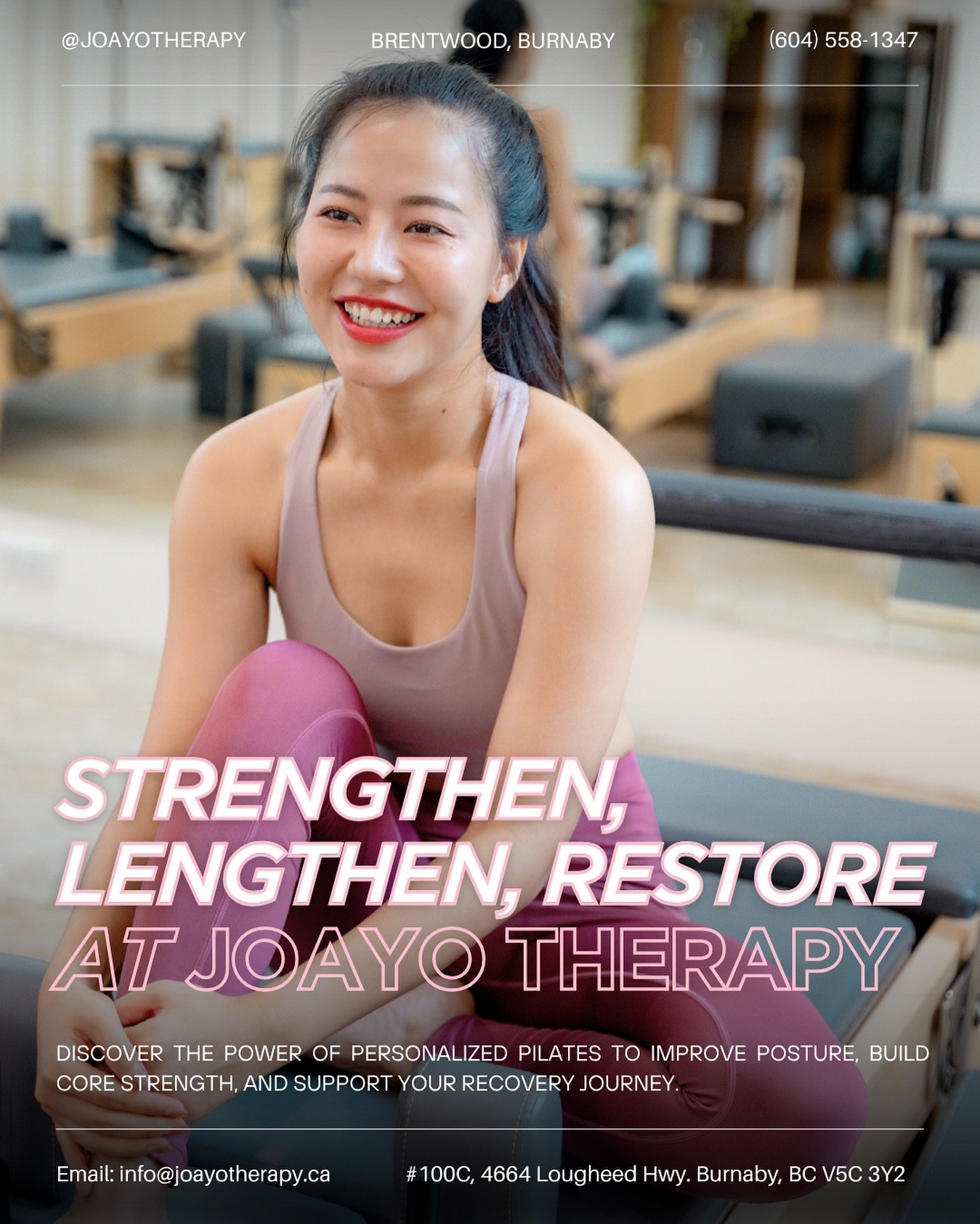 Looking to improve your posture, mobility, flexibility, or core strength?

At Joayo Therapy, our personalized Pilates sessions are thoughtfully designed to support your body&rsquo;s unique needs&mdash;whether you&rsquo;re recovering from injury, mana