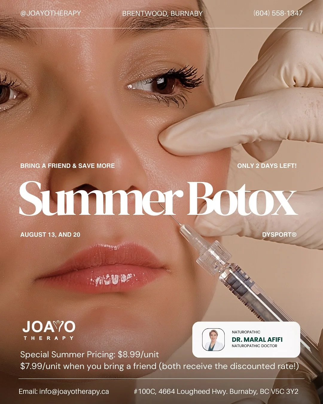 💉 Summer Botox Hot Deal &ndash; Only 2 Days Left!
Smooth, Natural Results with Dysport &ndash; Bring a Friend &amp; Save Even More!

✨ Special Pricing:
&bull; $8.99/unit
&bull; $7.99/unit when you bring a friend &ndash; both enjoy the discounted rat