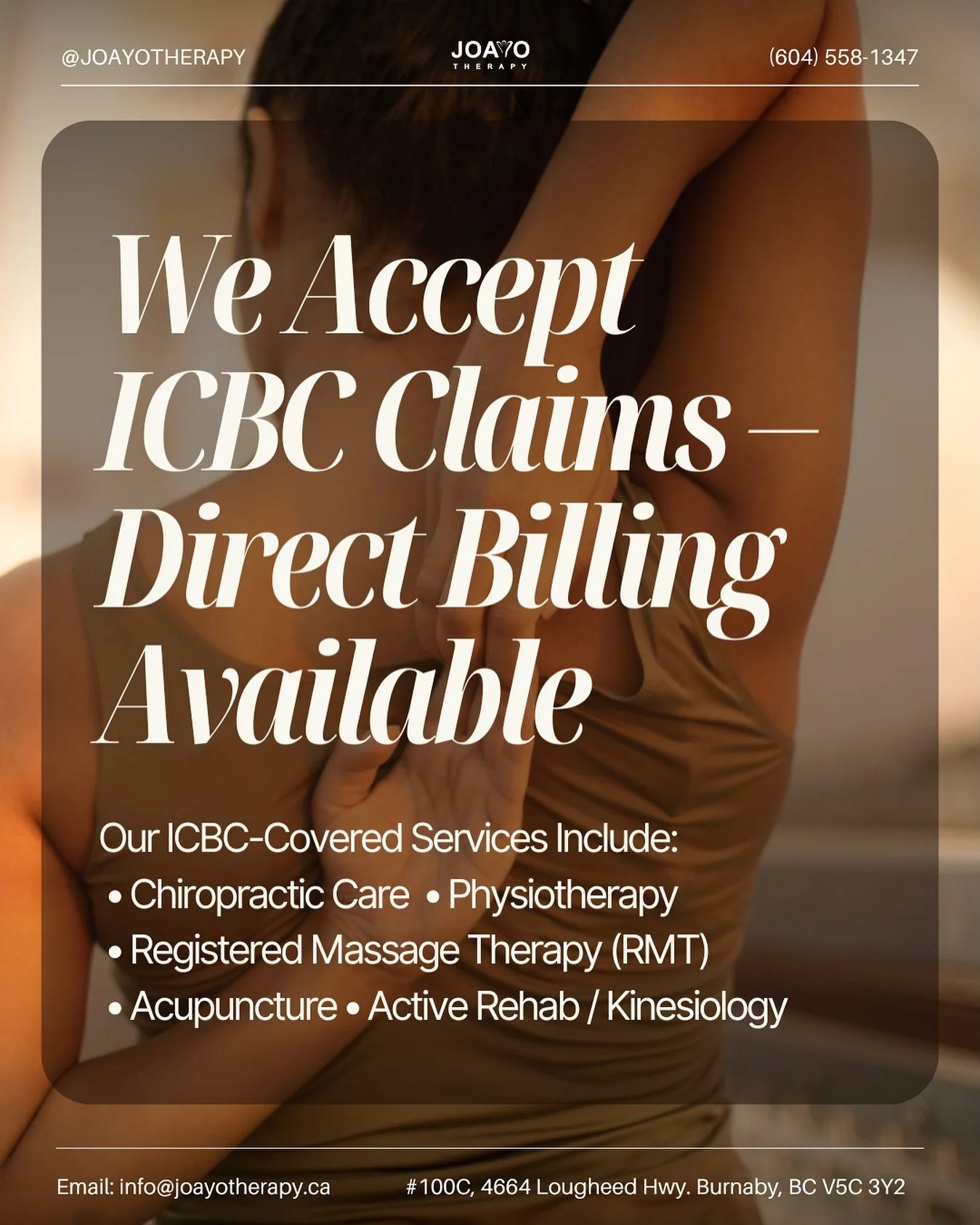 🚗💆&zwj;♀️ We Accept ICBC Claims! 💆&zwj;♂️🚗

Recover stronger and faster with our professional wellness services&mdash;directly billed to ICBC for your convenience. Whether you&rsquo;re healing from a motor vehicle accident or looking to regain mo
