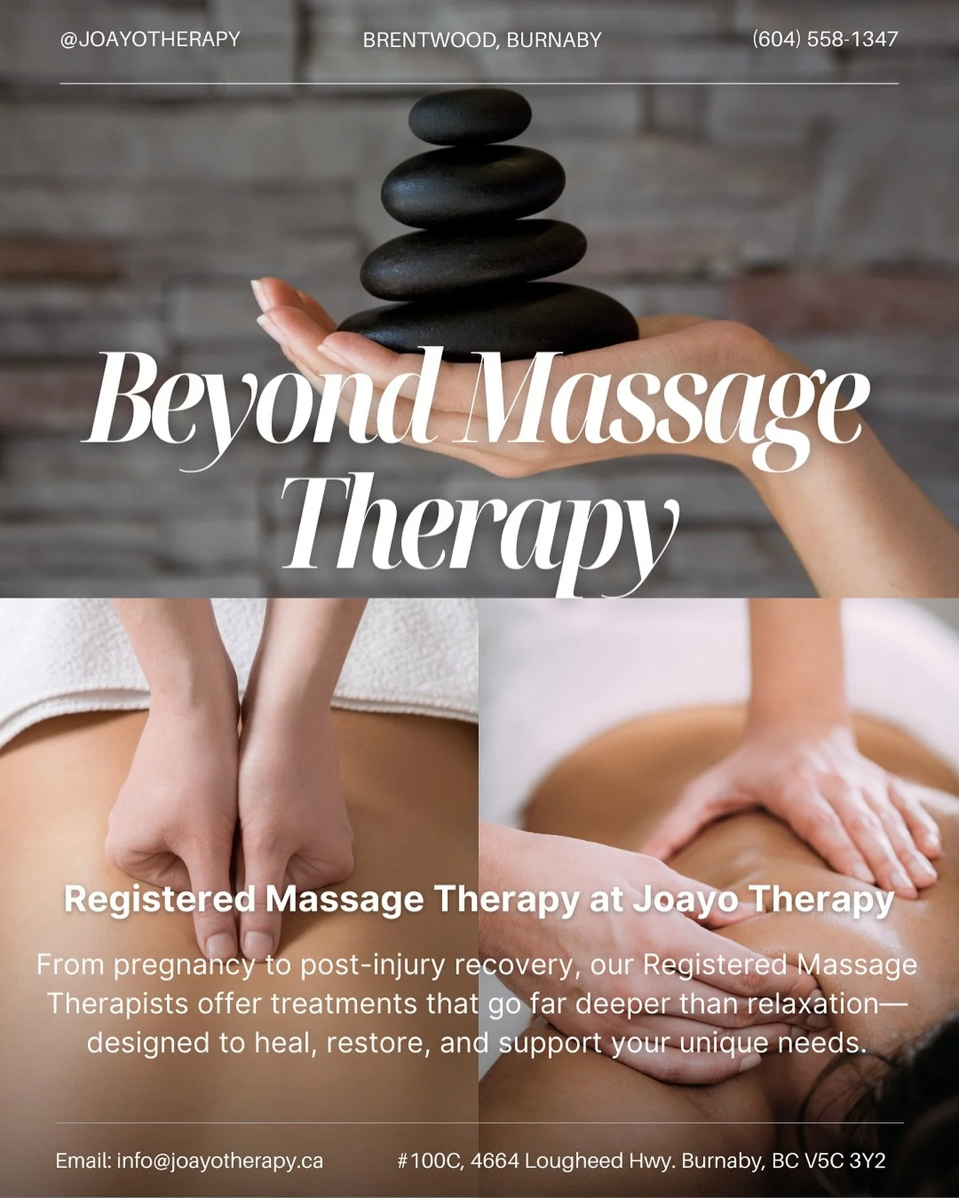 🌿 Registered Massage Therapy at Joayo Therapy 🌿

We believe massage therapy should be more than just relaxation. That&rsquo;s why our RMTs provide specialized treatments designed to address your unique needs:

💆&zwj;♀️ Pregnancy &amp; Post-Natal M