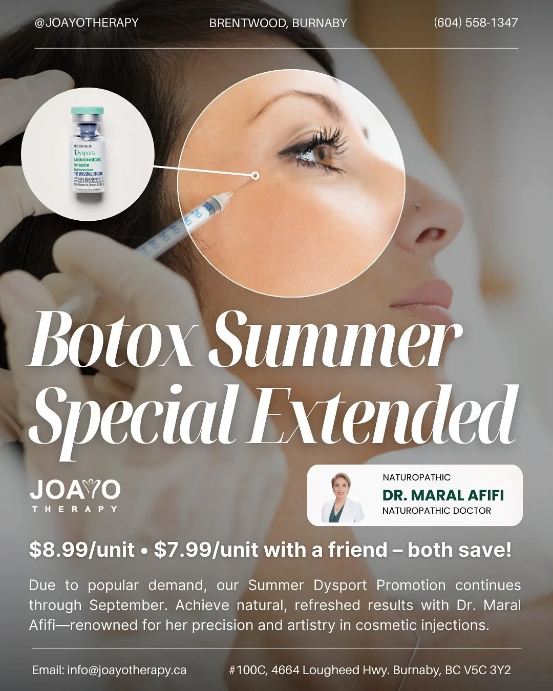 ✨ Botox Summer Special Extended! ✨

You asked&mdash;we listened! By popular request, our **Dysport Botox promotion is extended and available every Wednesday in September.

💉 Special Pricing:
&bull; $8.99/unit
&bull; $7.99/unit when you bring a frien