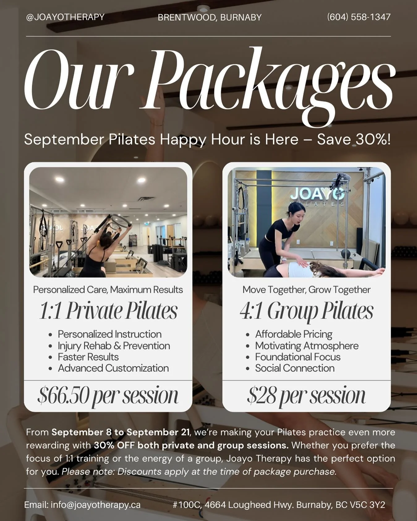 ☀️ September Pilates Happy Hour &ndash; Save 30%! ☀️

From September 8 to September 21, we&rsquo;re making your Pilates practice even more rewarding with 30% OFF both private and group sessions. Whether you prefer the focus of 1:1 training or the ene