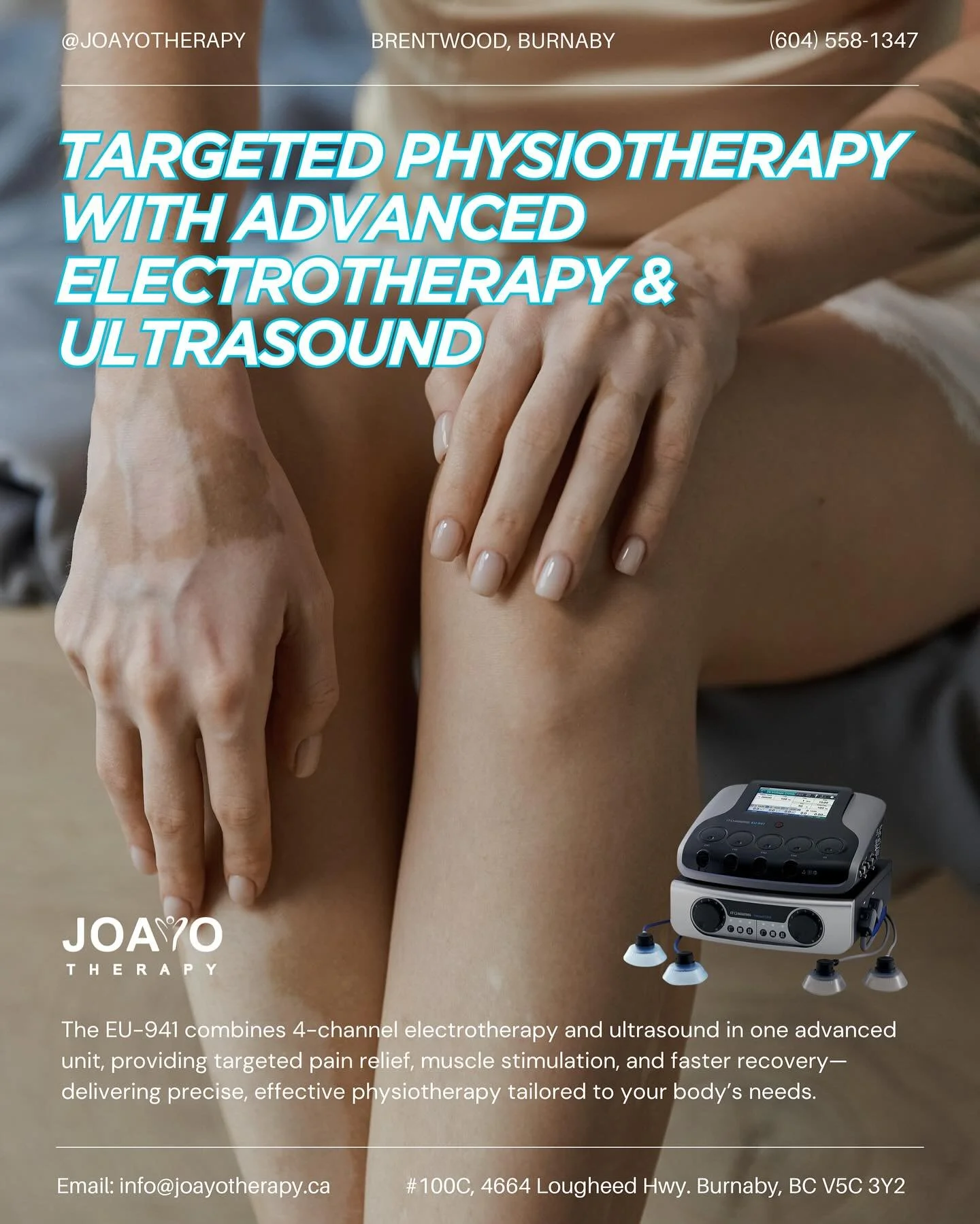 💪 Physiotherapy Just Got Smarter 💪

At Joayo Therapy, we use advanced equipment like the EU-941 Electrotherapy &amp; Ultrasound Combo to deliver precise, effective treatment. With 4 independent channels and an integrated body diagram, this high-end