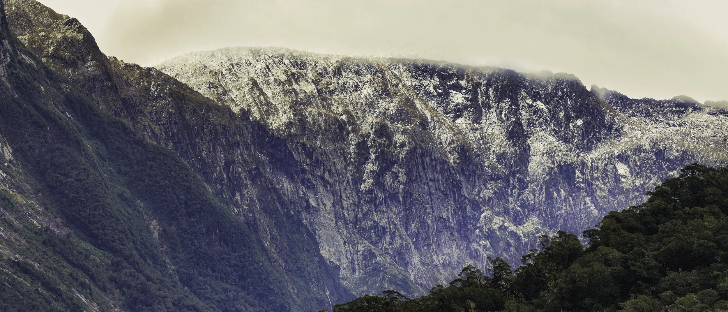 Mountain landscape with high peaks, some covered with snow, and green forested lower slopes in the foreground.