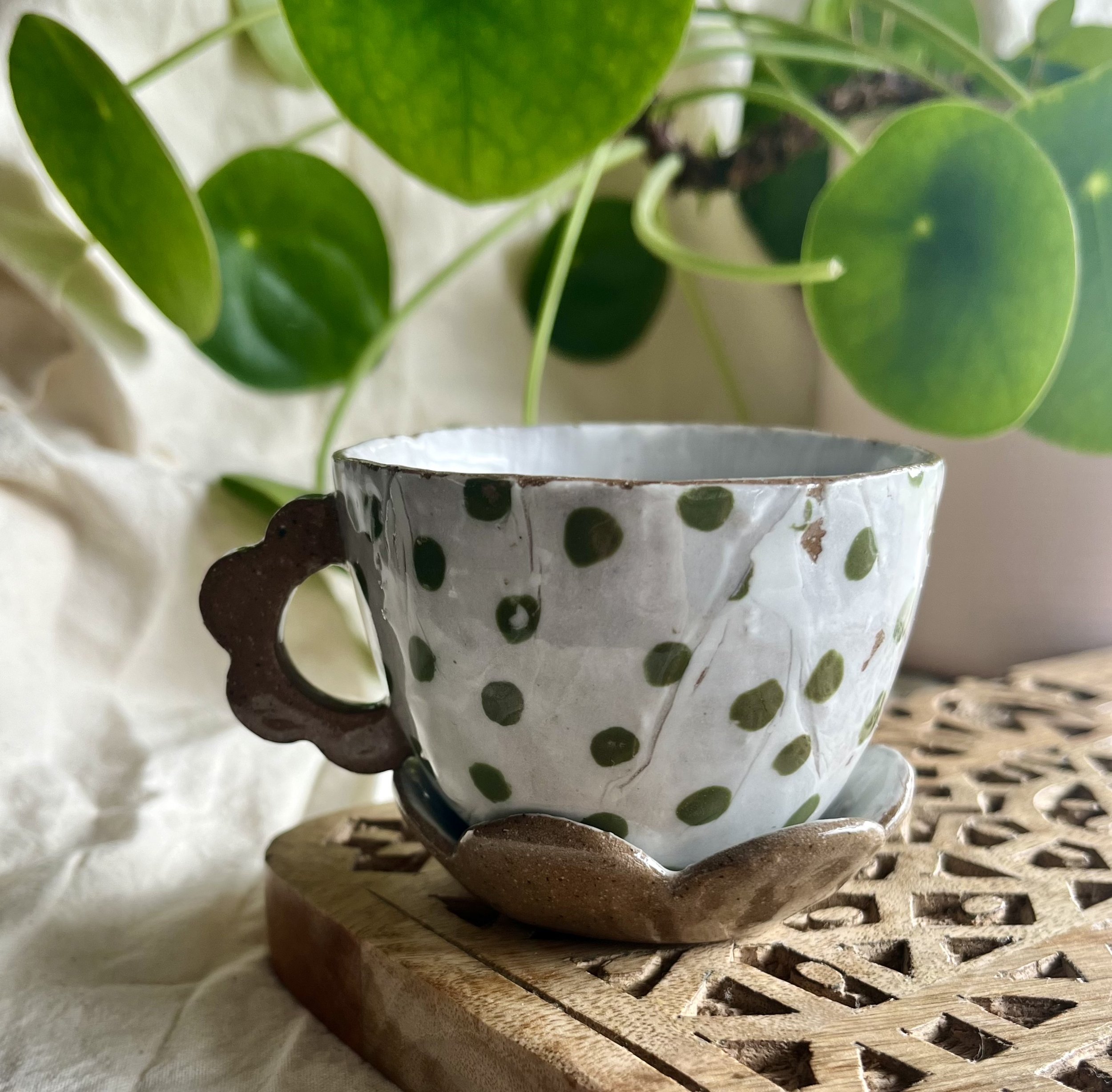 Green spotty espresso cup and saucer back view.jpeg