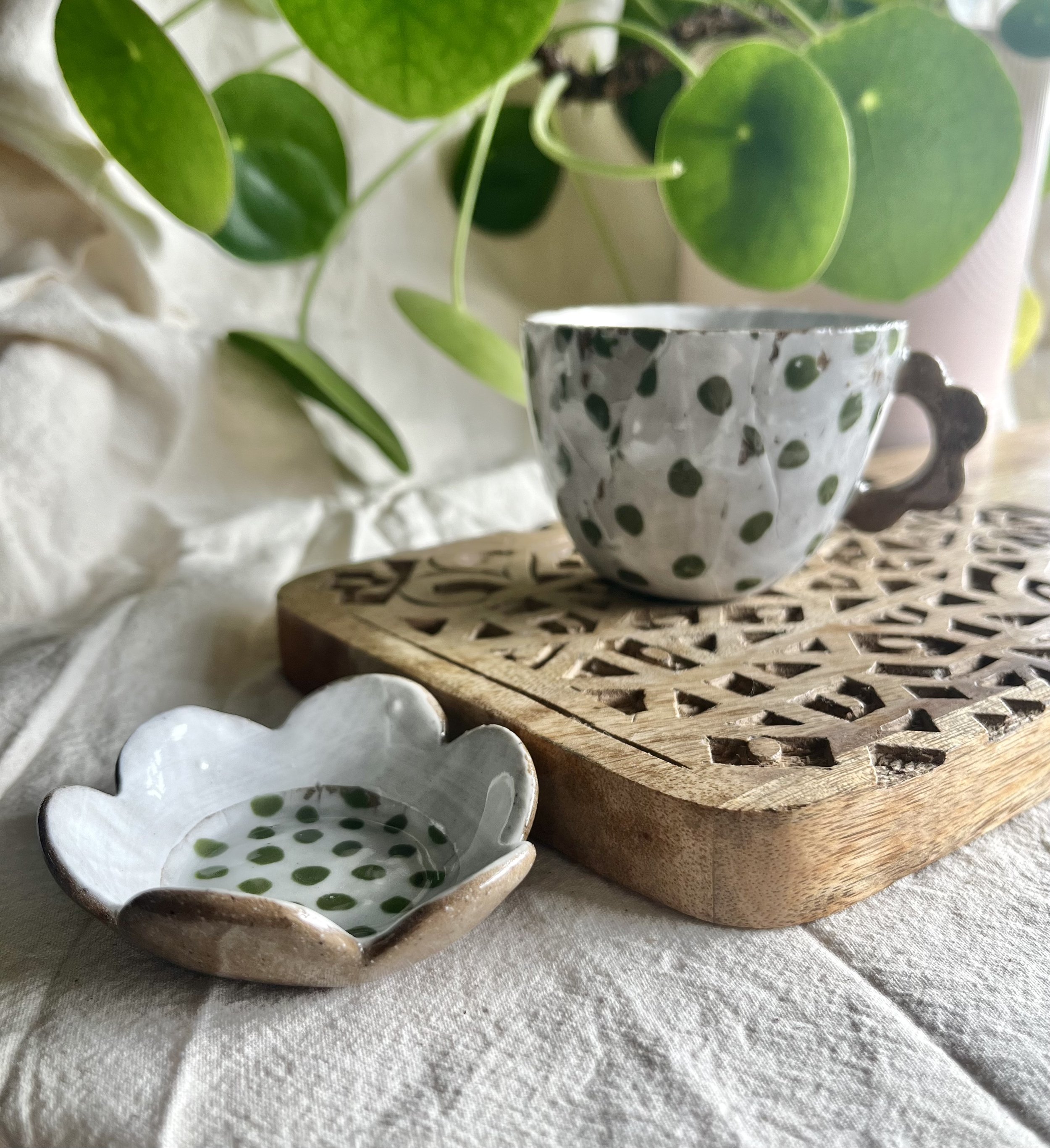 Green spotty espresso cup and saucer separate .jpeg