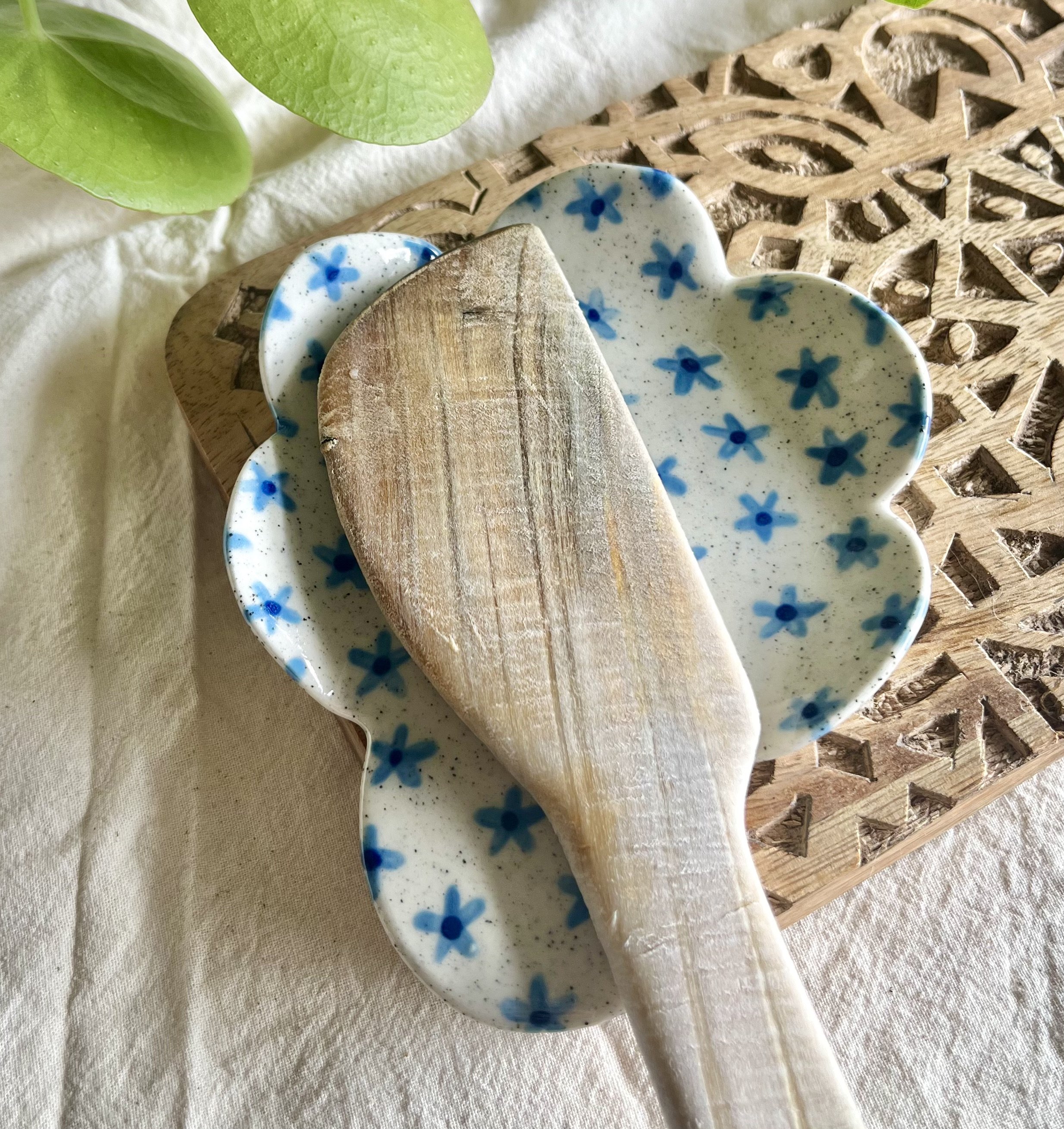 blue flower spoon rest with spoon.jpeg
