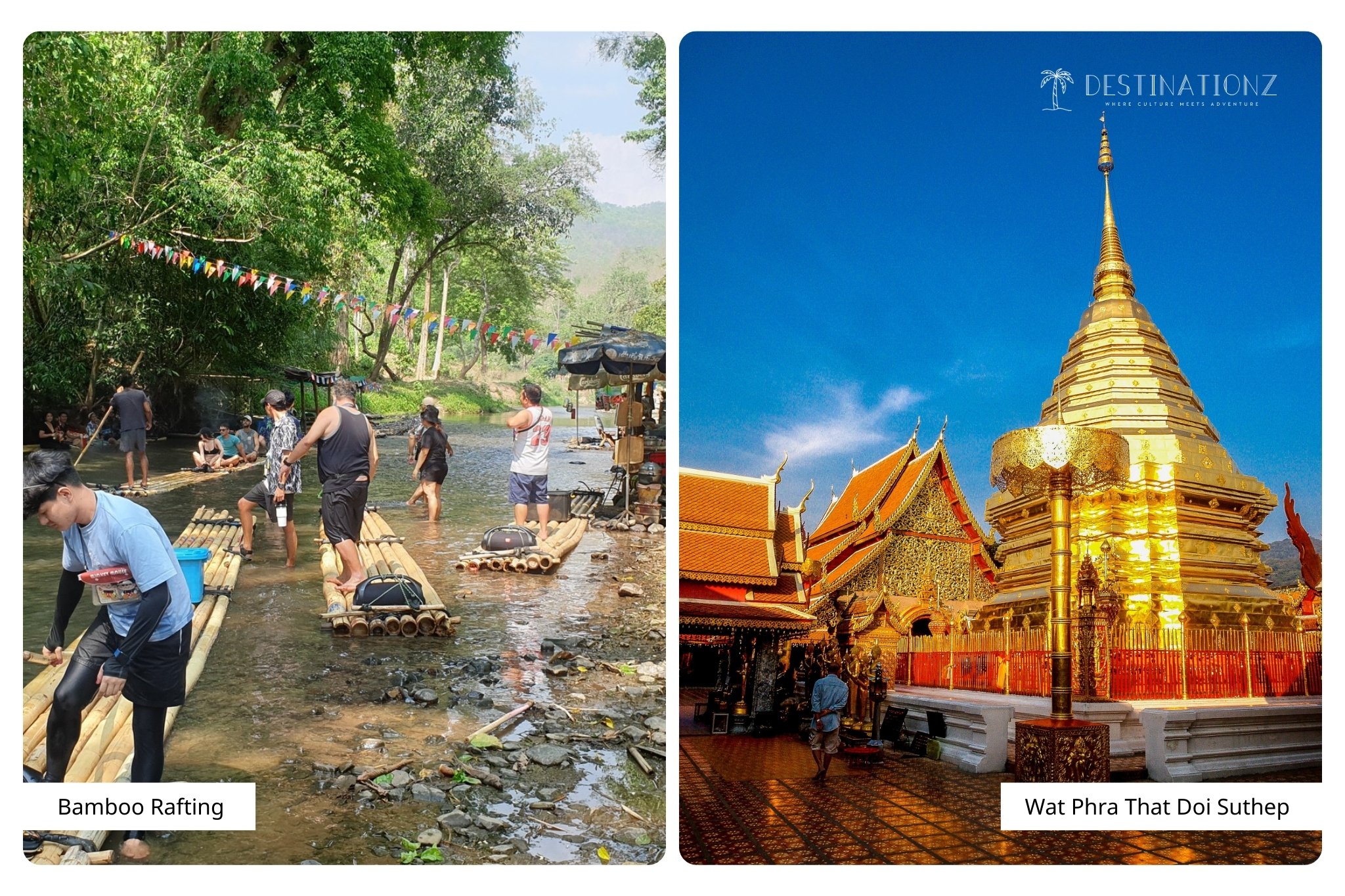 Bamboo rafting on the Mae Wang River and a family tour of Wat Phra That Doi Suthep temple in Chiang Mai, Thailand.