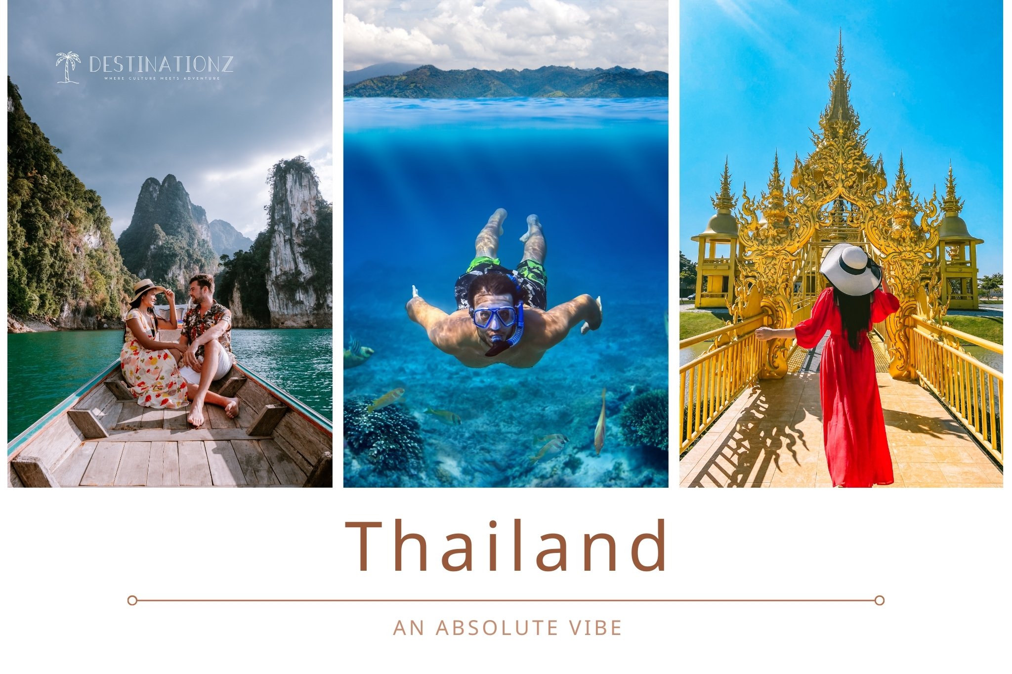 Beautiful Thailand landscape featuring a traditional temple and a tropical snorkeling spot with limestone islands.