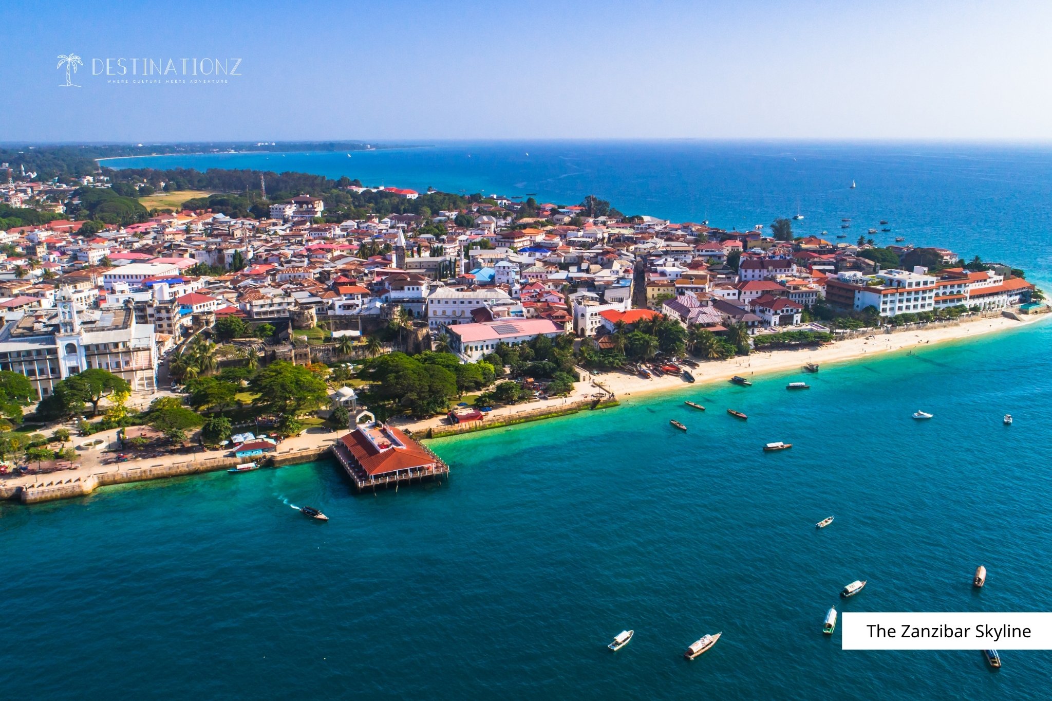 Zanzibar Stone Town skyline and Indian Ocean coast.