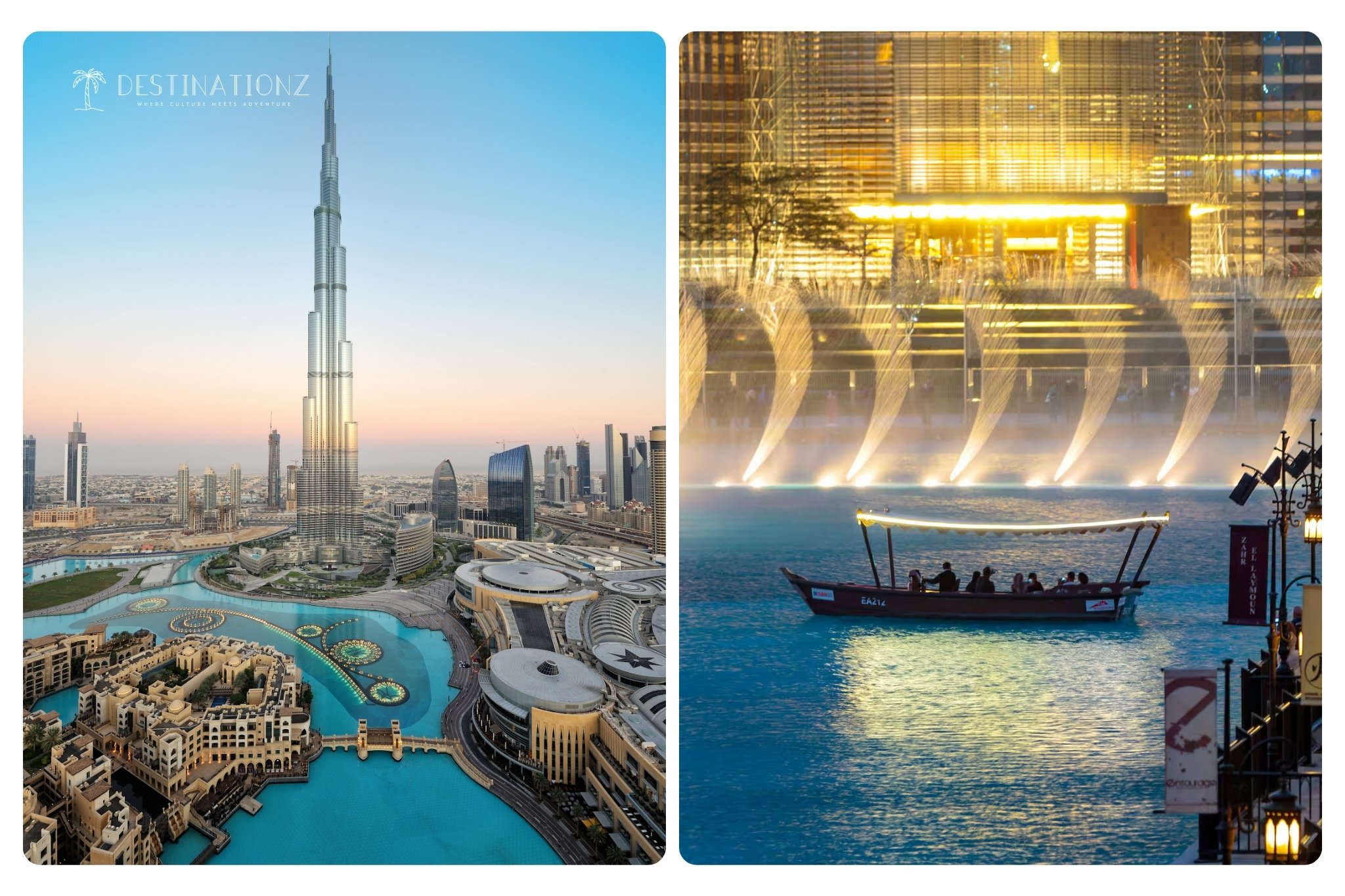 Downtown Dubai skyline with Burj Khalifa and Dubai Fountain show.