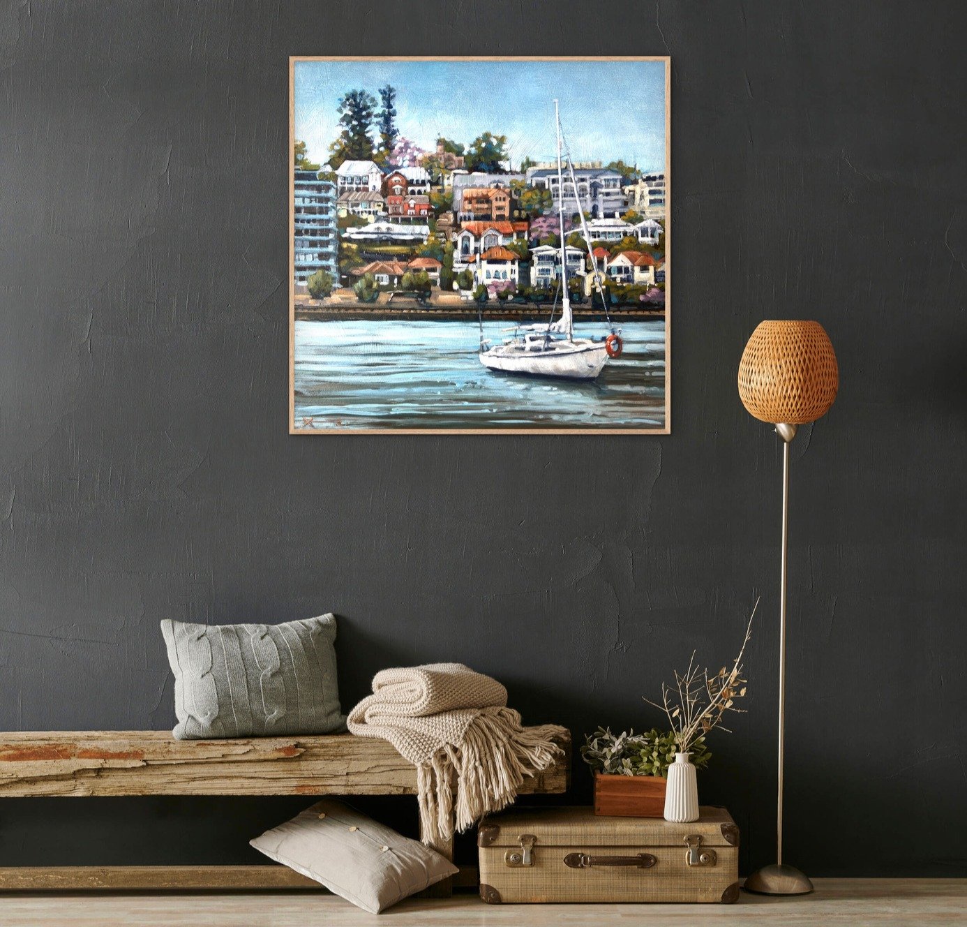 A painting of a yacht on the Brisbane River near Hamilton