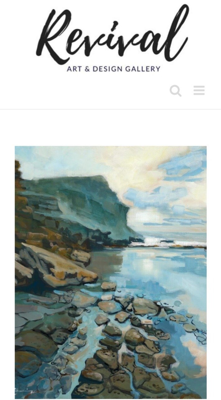 Painting of a rocky coastline with water and cliffs under a partly cloudy sky.