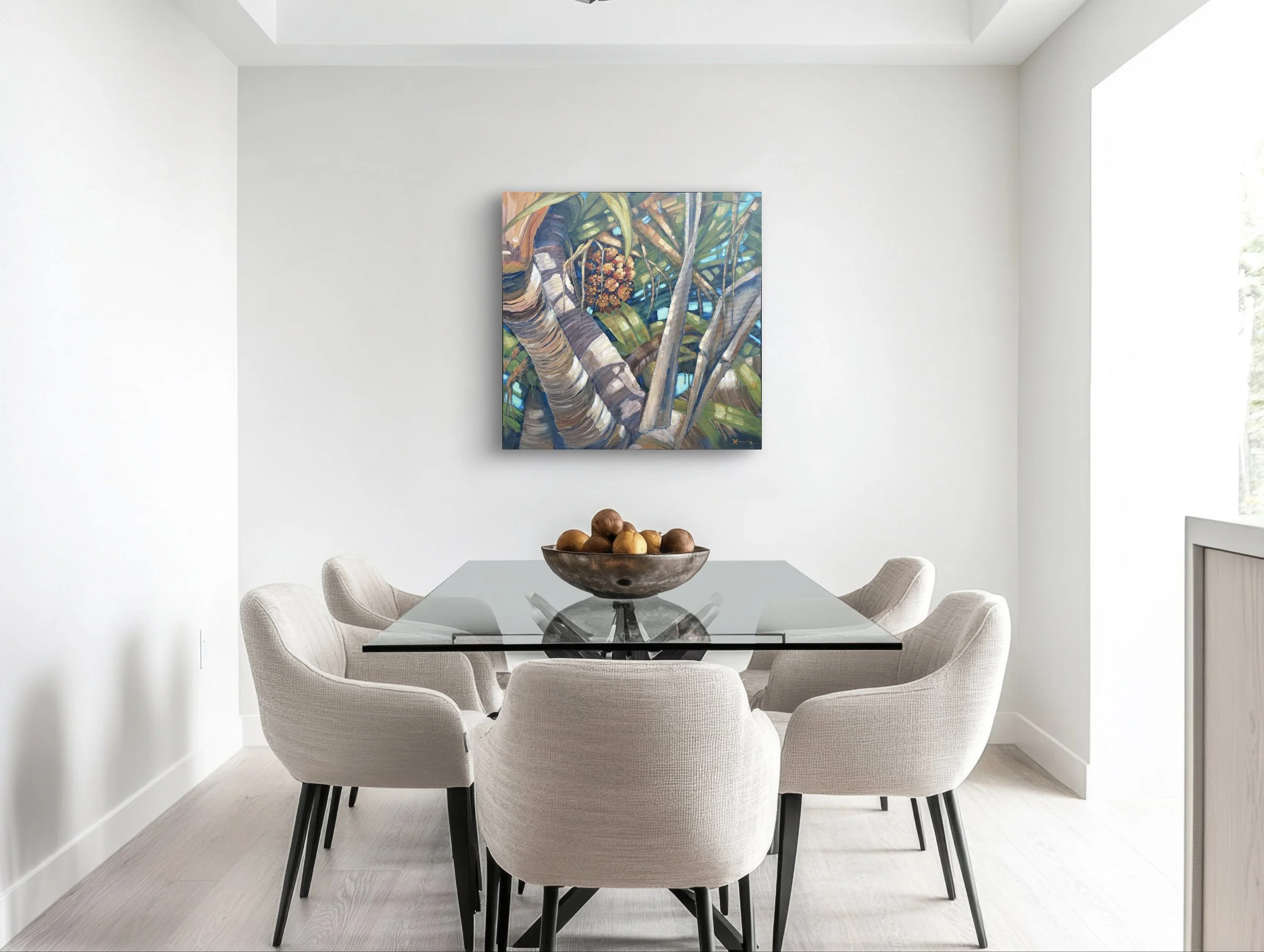 colourful pandanus painting on a dining room wall