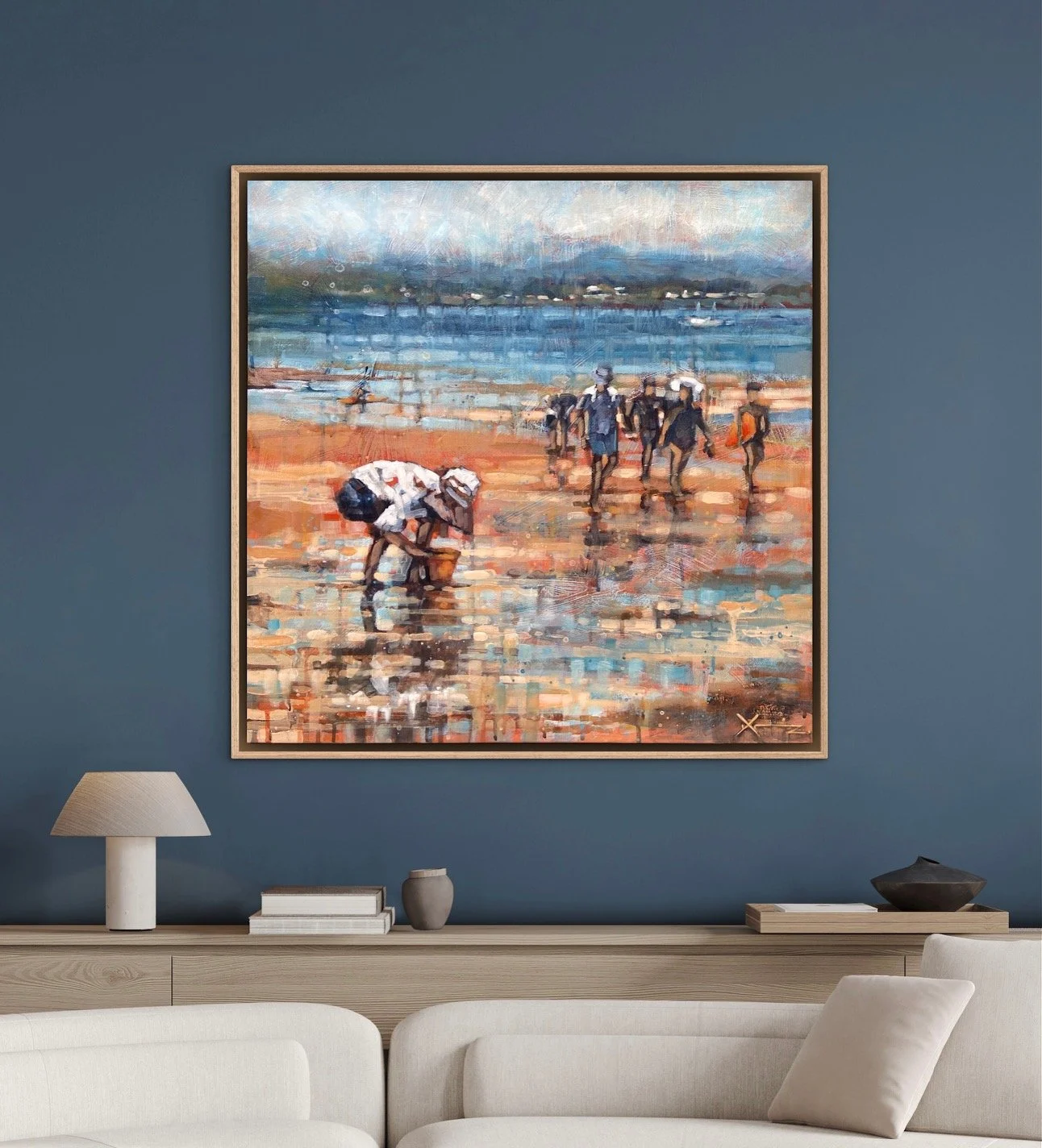 A beautiful acrylic painting of people enjoying a beachside afternoon