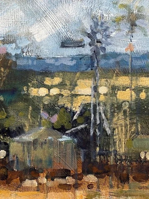 Painting detail of a distant windmill in outback Australia