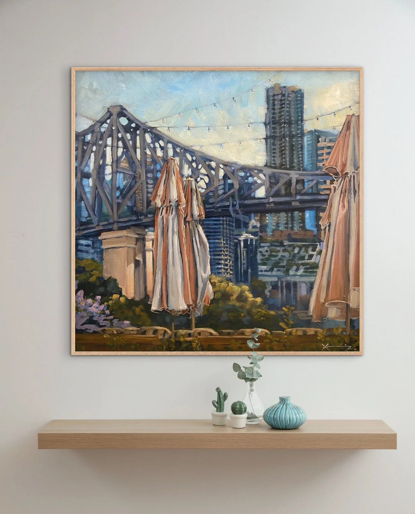 A  painting in situ of umbrellas and story bridge.JPG