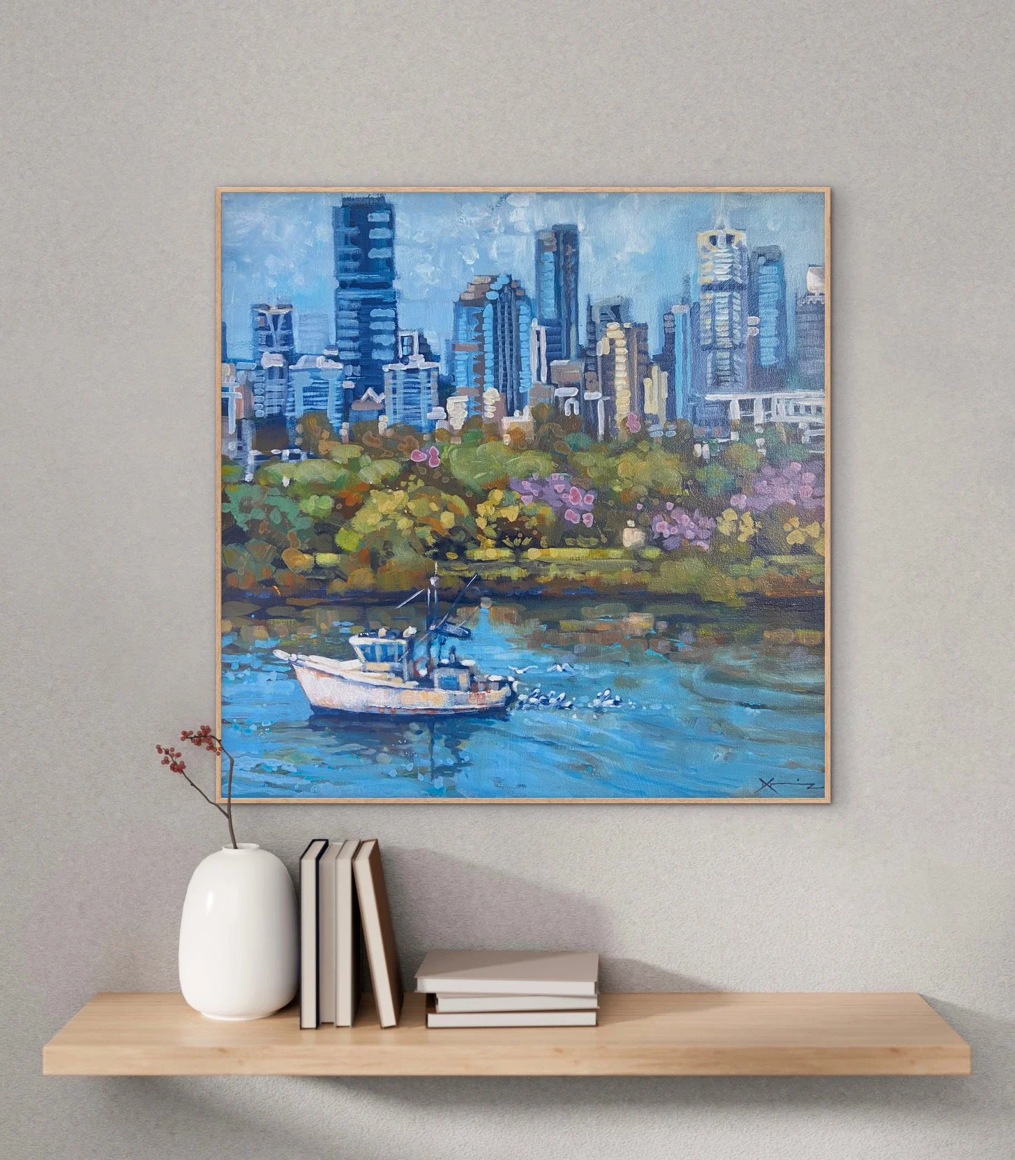 Painting of a boat in front of New Farm Park with Brisbane City in the background.