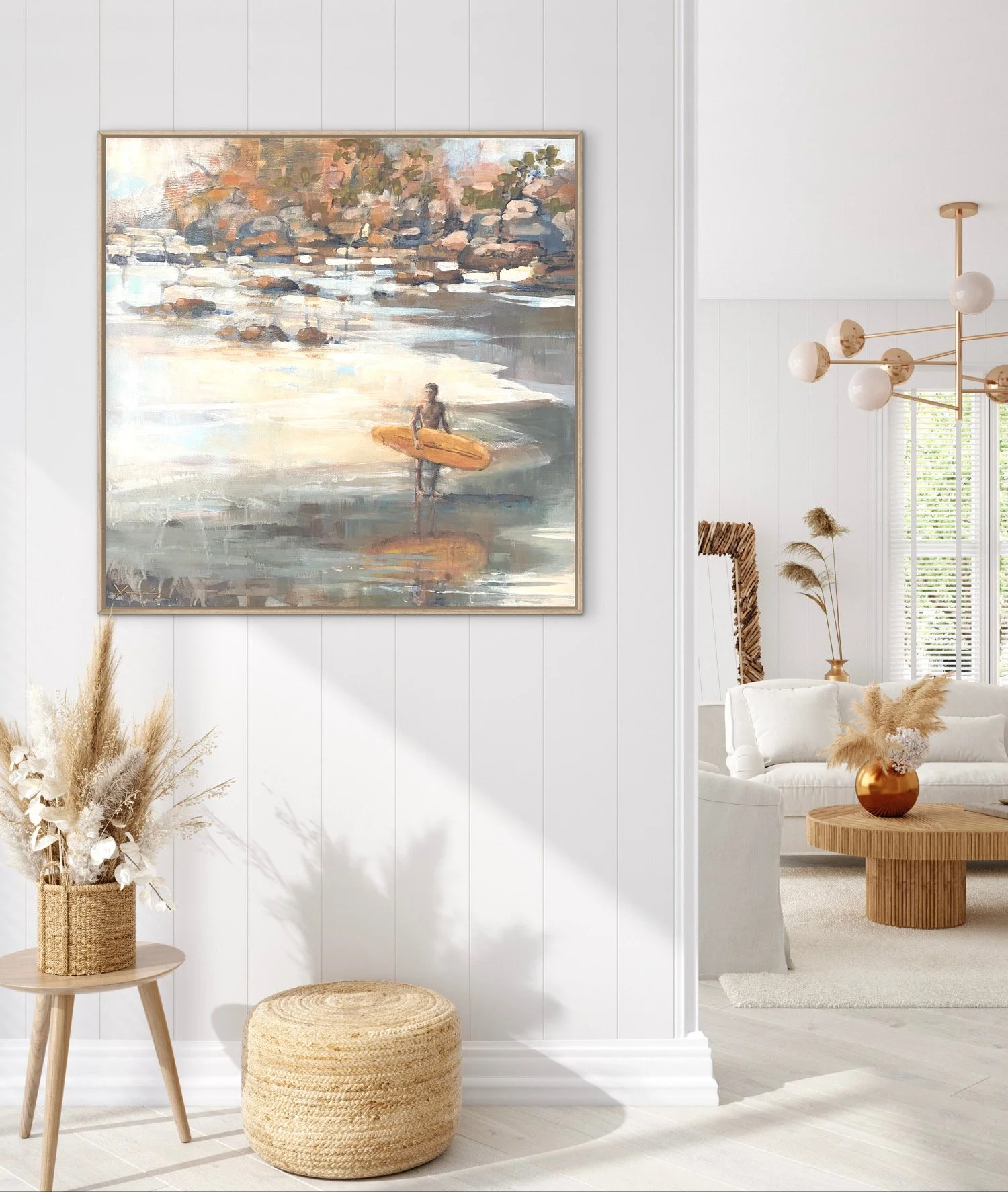 A calm expressive painting of a surfer on the beach