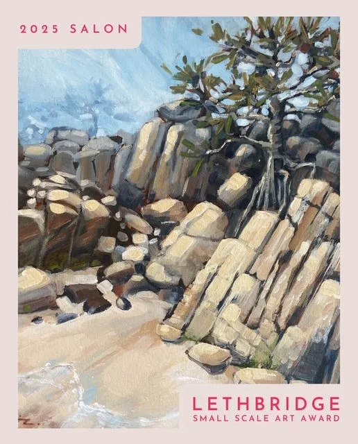 Painting of a rocky shoreline with large rocks and a tree, with text indicating '2025 SALON' and 'LETHBRIDGE SMALL SCALE ART AWARD'.
