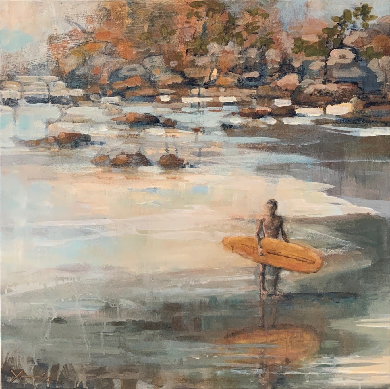 A flowy acrylic painting of a surfer with a yellow surf board