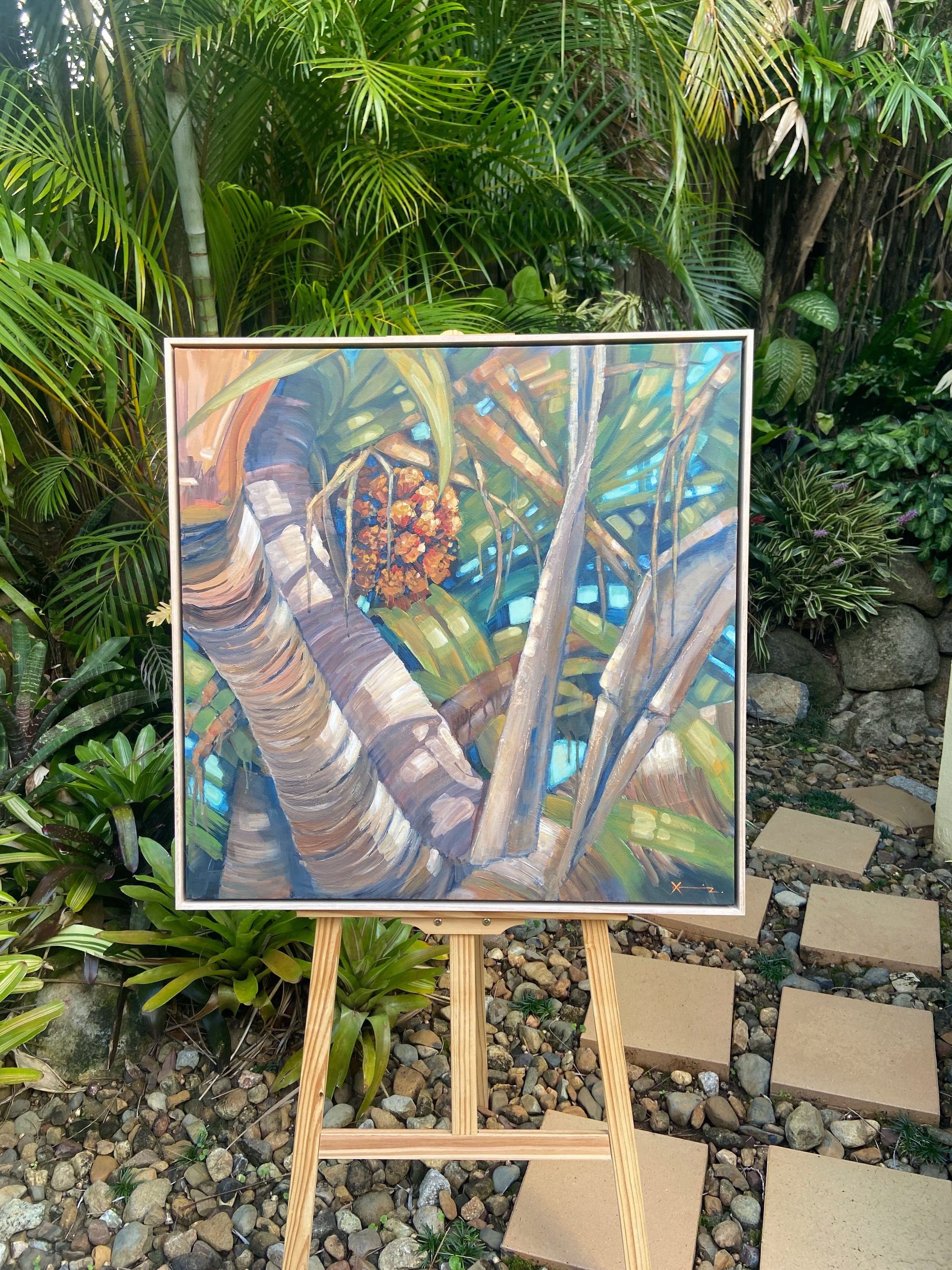 tropical pandanus painting on easel