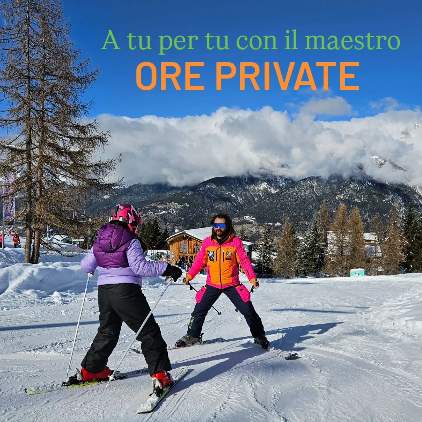 Si comincia così a muovere i primi passi sulla neve.... A TU PER TU CON IL MAESTRO.
A seconda dell'età, una o due ore private per più giorni, permettono di raggiungere l'indipendenza necessaria per poter affrontare pendii e situ