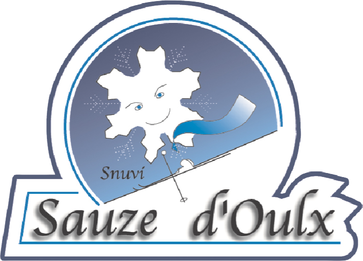 Logo con fiocco di neve con volto sorridente che espira vento, testo 'Snuvi Sauze d'Oux'.