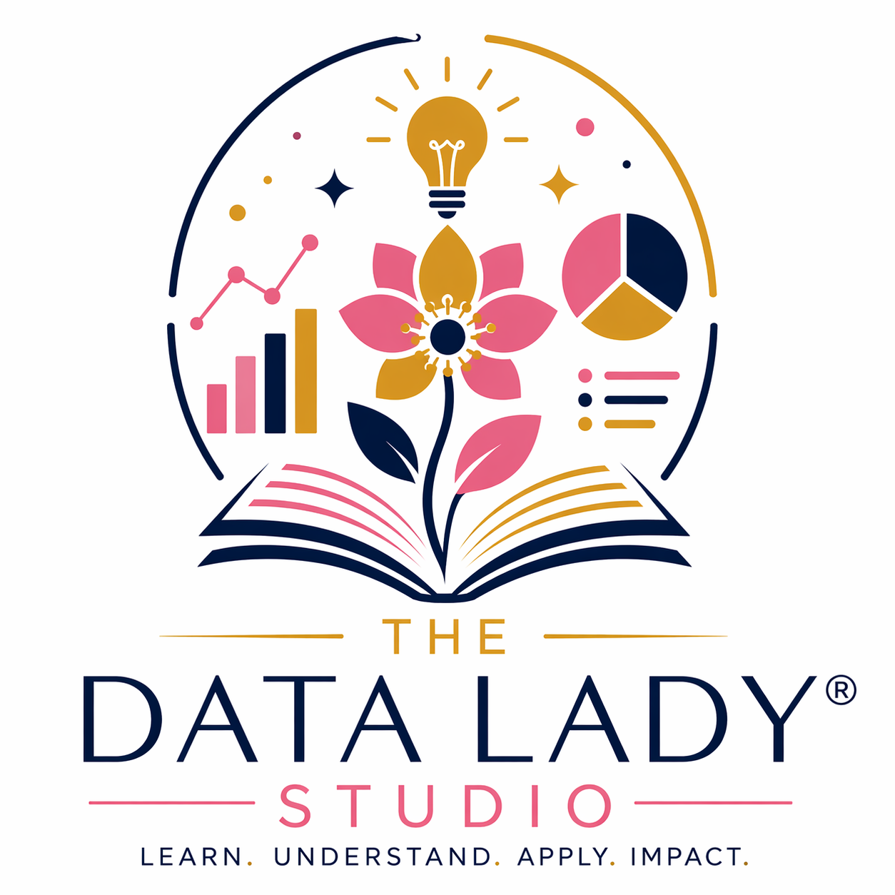 Logo for The Data Lady Studio featuring a stylized open book with a pink flower at the center, a light bulb above, and various charts and graphs surrounding it. The studio's tagline reads: 'Learn. Understand. Apply. Impact.'