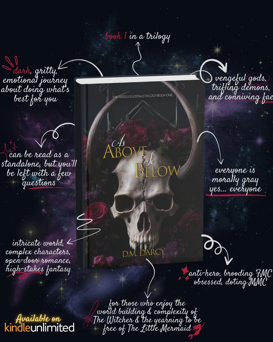 Just to be clear, I write for me. Not with reader&rsquo;s wants in mind. My books:

+ are dark fantasy romance;
+ with morally gray characters;
+ who might be fae, demon, vampire, human, or even undead;
+ written in first person, present tense POV;
+