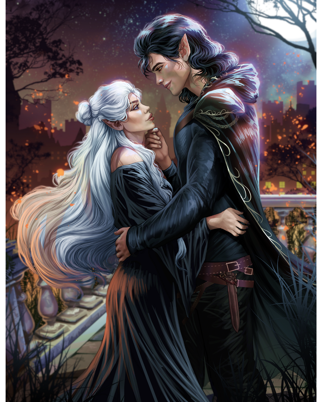 An illustration of a fantasy couple, an elf woman with long white hair and an elf man with long dark hair, embracing on a balcony at sunset with city skyline in the background.