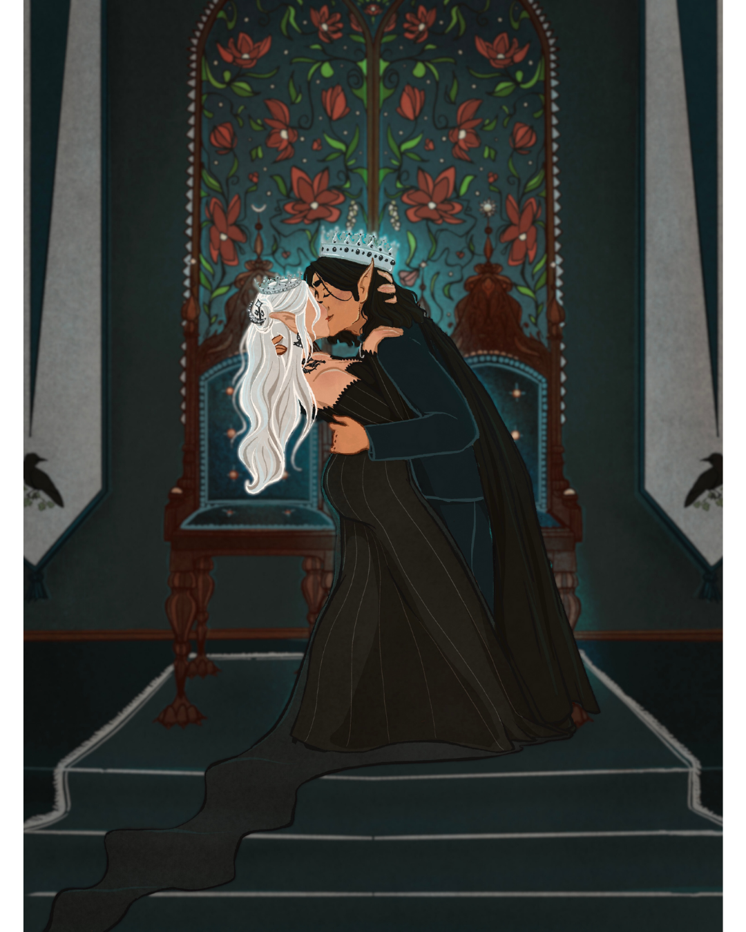A fantasy scene of two crowned characters, one with white hair and elf-like features and the other with dark hair, sharing a romantic kiss on a throne-like platform in front of a stained glass window with floral patterns.