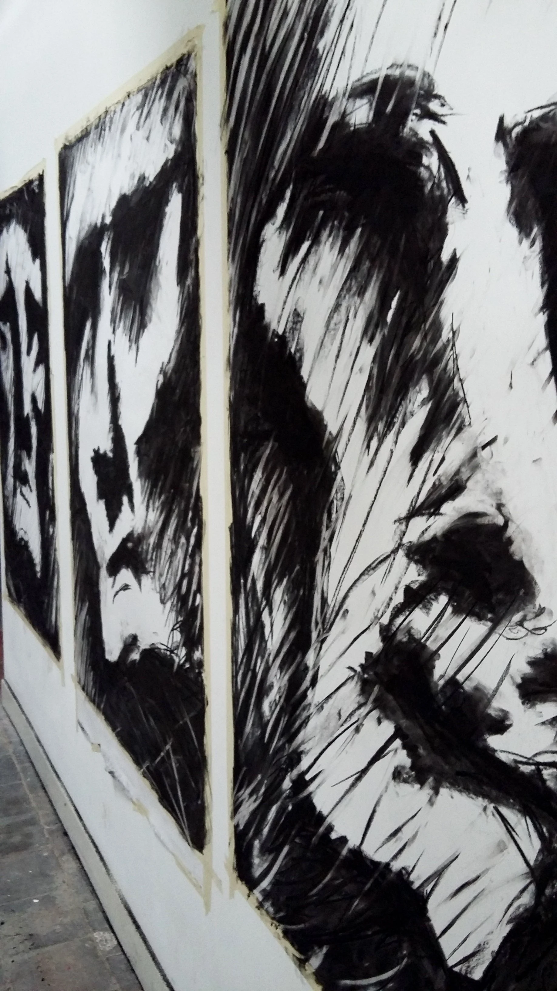 Strings Attached Installation 2017 -      
Part of the installation was these four massive charcoal drawings. These were from ink sketches I made when on a trip to Italy. It was in the Siena Cathedral, Santa Maria Assunta.