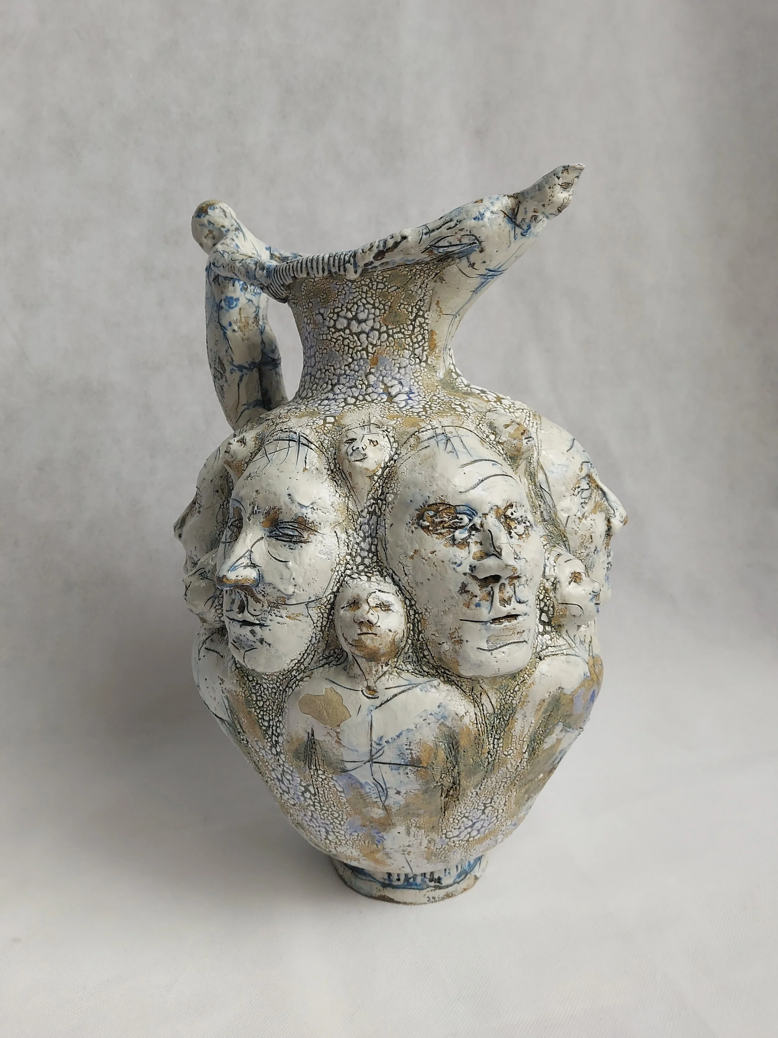 Jug Face Vessel - Stoneware, porcelain slips, underglaze, cobalt glaze